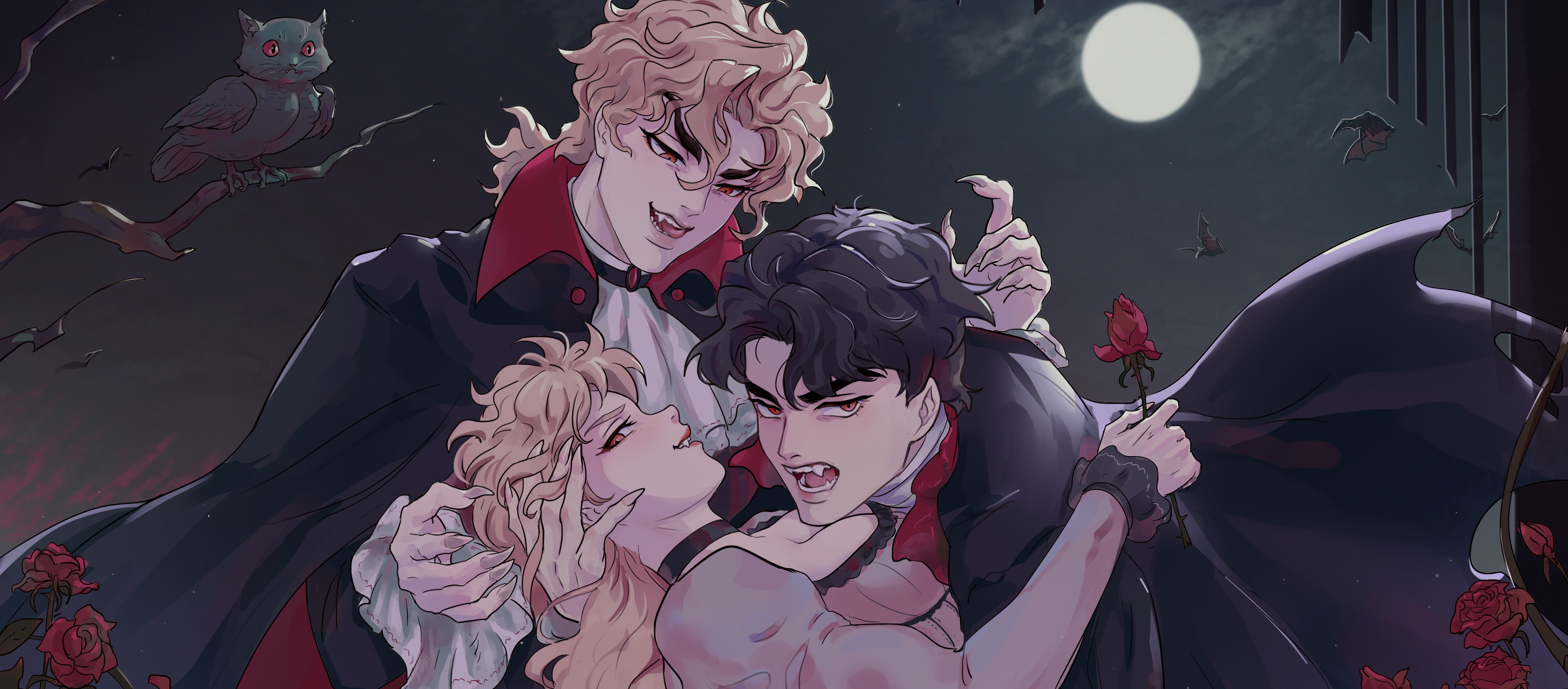 noquelle, dio brando, erina pendleton, jonathan joestar, jojo no kimyou na bouken, phantom blood, absurdres, commentary, english commentary, highres, 1girl, 2boys, ascot, bare tree, bat (animal), bisexual male, black cape, black choker, black hair, blonde hair, cape, carrying, carrying person, chimera, choker, dress, eyeshadow, fangs, fingernails, flower, frilled sleeves, frills, full moon, grey dress, hand on another's cheek, hand on another's face, holding, holding flower, juliet sleeves, licking lips, long fingernails, long hair, long sleeves, looking at another, looking at viewer, looking down, makeup, medium hair, moon, multiple boys, night, open mouth, polyamory, puffy sleeves, red eyes, red eyeshadow, red flower, red rose, rose, sharp fingernails, shirt, short hair, smile, thick eyebrows, tongue, tongue out, tree, v-shaped eyebrows, vampire, white ascot, white shirt