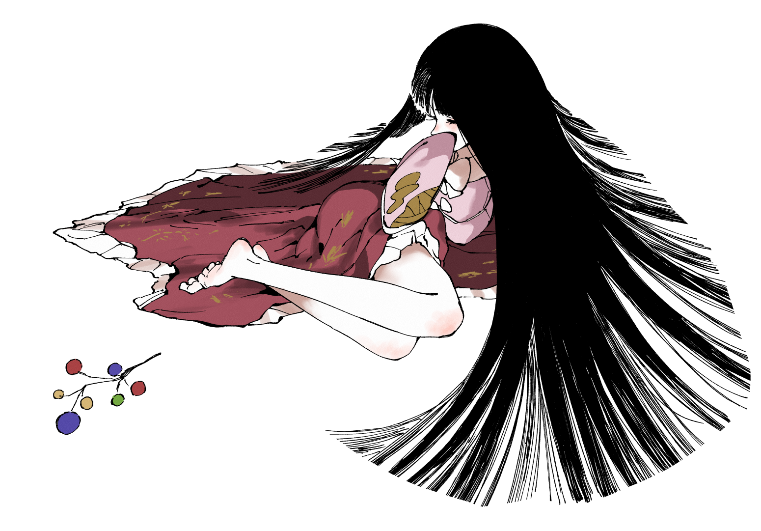 asuzemu, houraisan kaguya, touhou, 1girl, barefoot, black hair, branch, closed eyes, frills, full body, hand to own mouth, hime cut, jeweled branch of hourai, legs, long hair, lying, on side, pink shirt, red skirt, shirt, skirt, solo, thighs, very long hair, white background