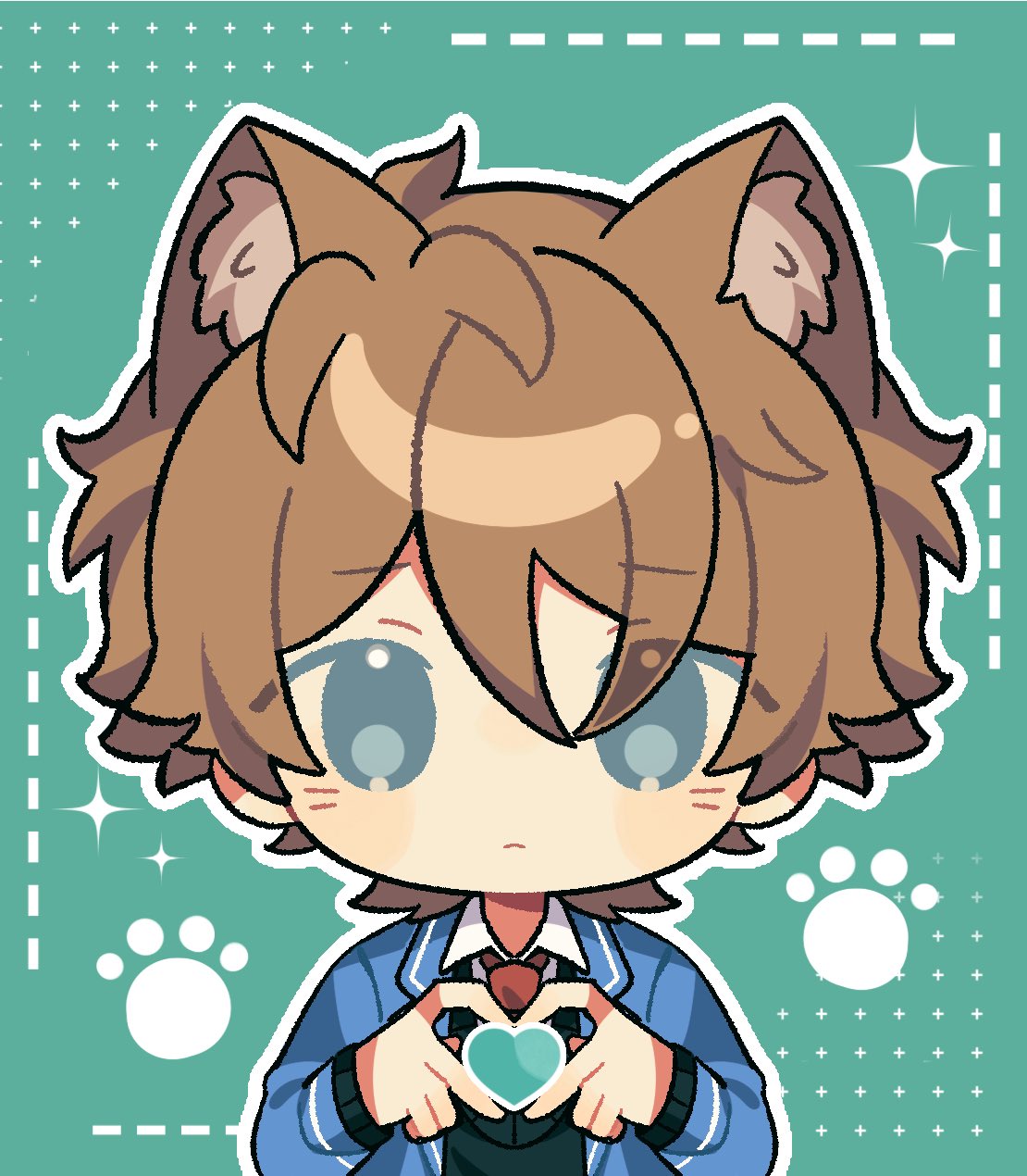 takamine midori, ensemble stars!, commentary, highres, symbol-only commentary, 1boy, animal ears, black sweater, blue jacket, brown hair, cat ears, closed mouth, collared shirt, extra ears, eyes visible through hair, green background, green eyes, hands up, heart, heart hands, jacket, long sleeves, looking at viewer, male focus, mei tongzhi wo a, necktie, outline, paw print, red necktie, school uniform, shirt, short hair, simple background, solo, sparkle, sweater, upper body, white outline, yumenosaki school uniform