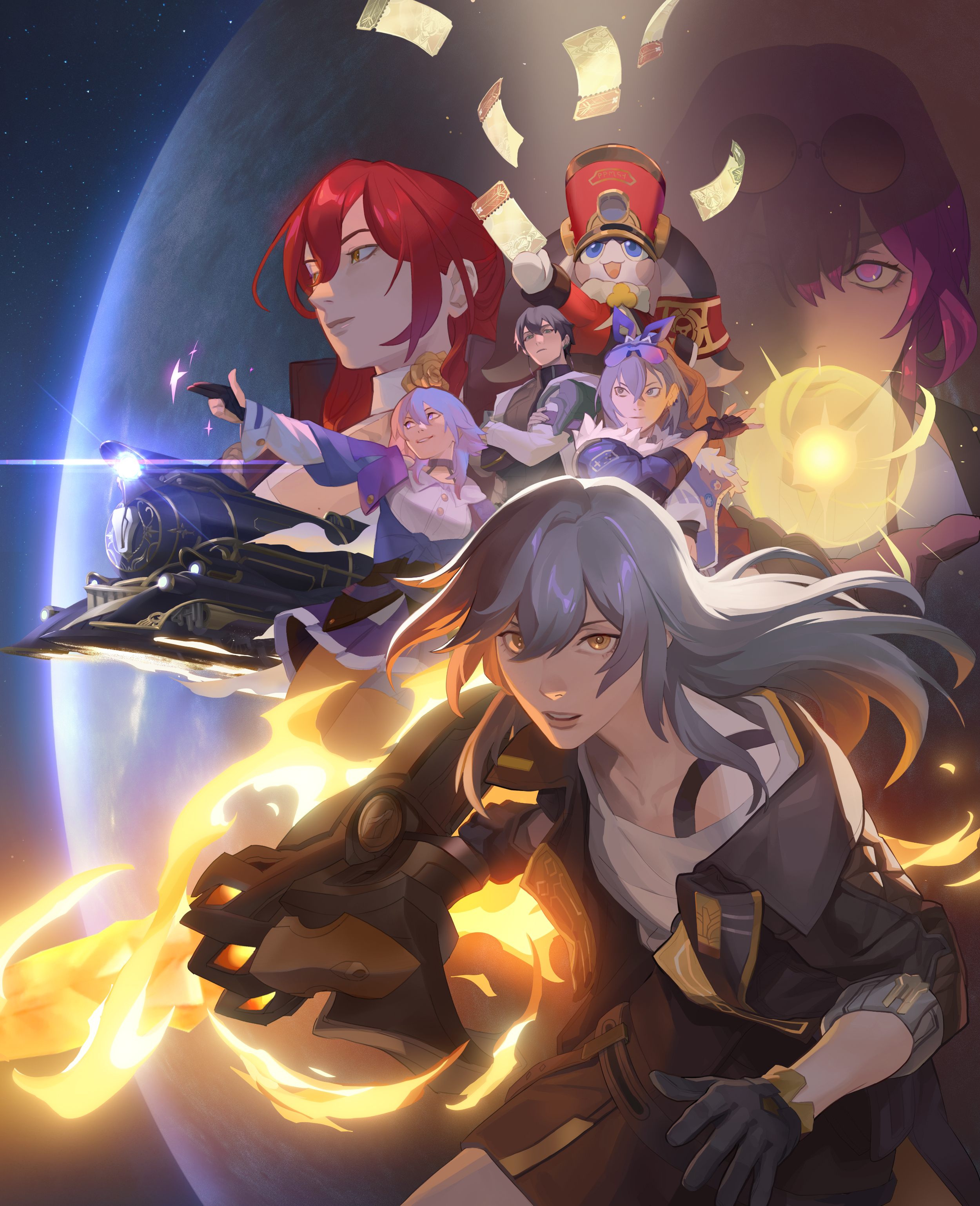 suqling, dan heng (honkai: star rail), dan heng (hunt) (honkai: star rail), himeko (honkai: star rail), kafka (honkai: star rail), march 7th (honkai: star rail), march 7th (preservation) (honkai: star rail), pom-pom (honkai: star rail), silver wolf (honkai: star rail), stelle (honkai: star rail), trailblazer (honkai: star rail), honkai: star rail, honkai (series), absurdres, commentary, english commentary, highres, 1boy, 1other, 5girls, animal ears, arm up, armor, astral express (honkai: star rail), badge, belt, black-framed eyewear, black belt, black choker, black gloves, black hair, black jacket, black ribbon, black shirt, black skirt, black sky, blue eyes, blue jacket, buttons, chinese clothes, choker, closed mouth, coat, collarbone, collared shirt, covered mouth, cowboy shot, creature, crossed arms, crossed bangs, dress, drill hair, ear piercing, earclip, earrings, eyeliner, eyewear on head, fire, floating hair, fur-trimmed jacket, fur trim, gloves, goggles, goggles on head, golden rose, green eyes, grey eyes, grey hair, hair between eyes, hair ribbon, hand up, hat, high ponytail, holding, holding sword, holding ticket, holding weapon, jacket, jewelry, lapels, lips, long hair, long sleeves, looking at viewer, looking to the side, looking up, makeup, miniskirt, multiple girls, open clothes, open coat, open jacket, open mouth, outdoors, partially fingerless gloves, piercing, pink eyes, pink hair, pink pupils, planet, pleated skirt, ponytail, puffy long sleeves, puffy sleeves, purple-tinted eyewear, purple eyes, purple gloves, purple hair, purple jacket, purple skirt, rabbit ears, red eyeliner, red hair, red hat, red jacket, ribbon, round eyewear, shirt, short hair, shoulder armor, sidelocks, single earring, skirt, sky, sleeveless, sleeveless dress, smile, space, standing, star (sky), star (symbol), star rail special pass (honkai: star rail), starry sky, sunglasses, sword, t-shirt, tank top, teeth, thigh strap, ticket, tied jacket, tinted eyewear, train, two-sided fabric, two-sided jacket, v-shaped eyebrows, weapon, white coat, white dress, white shirt, white tank top, yellow eyes