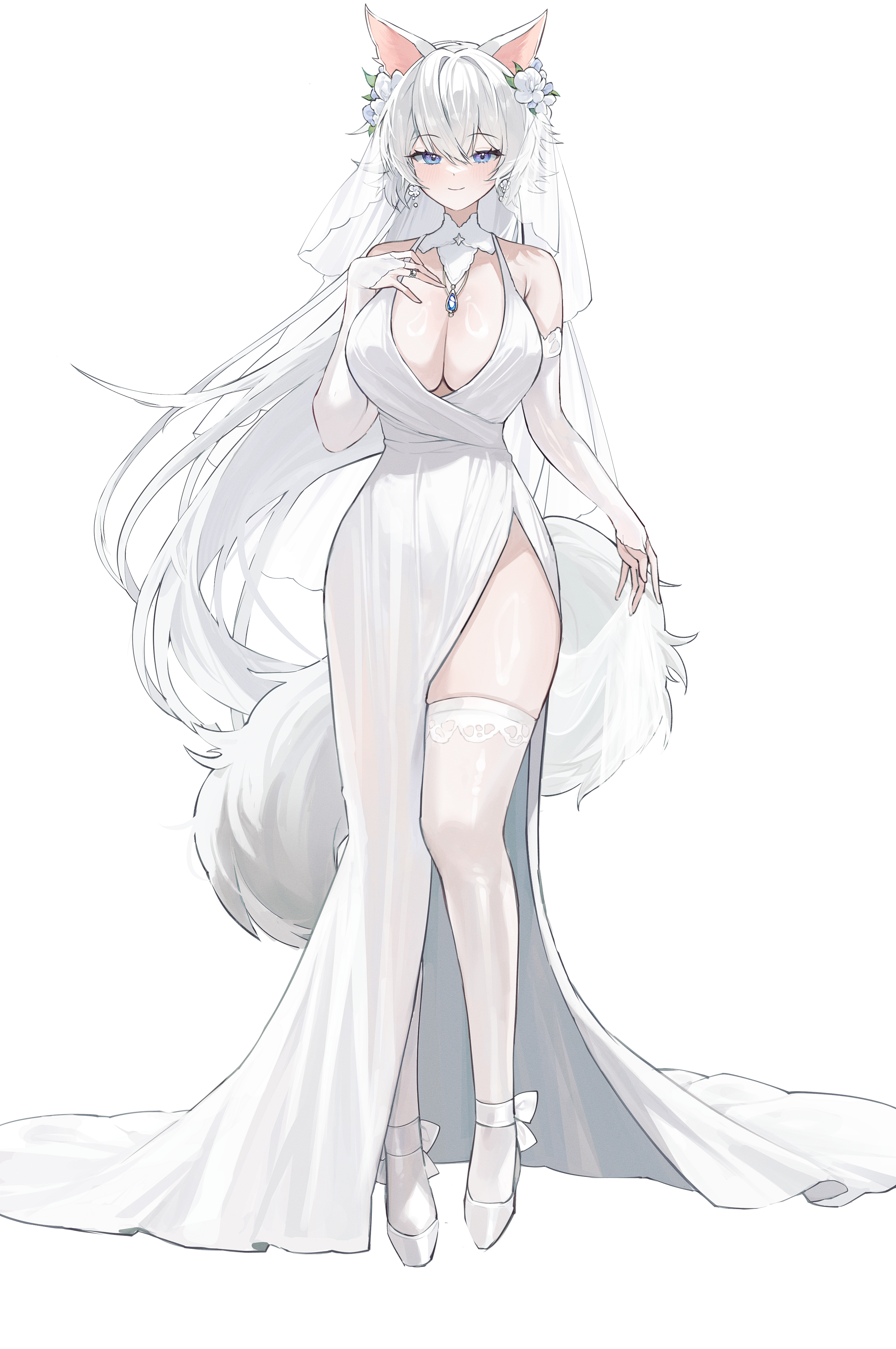 gurami (zangizarang), original, absurdres, commentary request, highres, 1girl, animal ears, blue eyes, blush, breasts, bridal gauntlets, cleavage, closed mouth, dress, full body, grey hair, hair between eyes, hand on own chest, large breasts, long hair, looking at viewer, simple background, smile, solo, standing, tail, thighhighs, very long hair, wedding dress, white background, white bridal gauntlets, white dress, white thighhighs