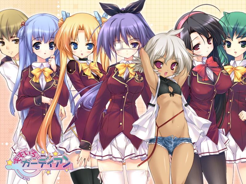 urotan, kirisaki kaede, ootori ageha, rena fraulain, sakaki hekina, shao, shiromiya shizuku, toono tatsuki, momoiro guardian, game cg, 1boy, 6+girls, ahoge, armpits, arms up, black hair, black thighhighs, blonde hair, blue eyes, blue hair, blush, bow, breasts, brown eyes, brown hair, cleavage cutout, clothing cutout, covered erect nipples, crop top, dark skin, denim, denim shorts, double bun, eyepatch, green eyes, green hair, hair bun, hair ribbon, hairband, large breasts, lineup, long hair, lowleg, midriff, multiple girls, pantyhose, petite, pink eyes, ponytail, purple eyes, purple hair, red eyes, ribbon, school uniform, short hair, short shorts, shorts, skirt, thighhighs, twintails, unbuttoned, white hair, white thighhighs, zettai ryouiki