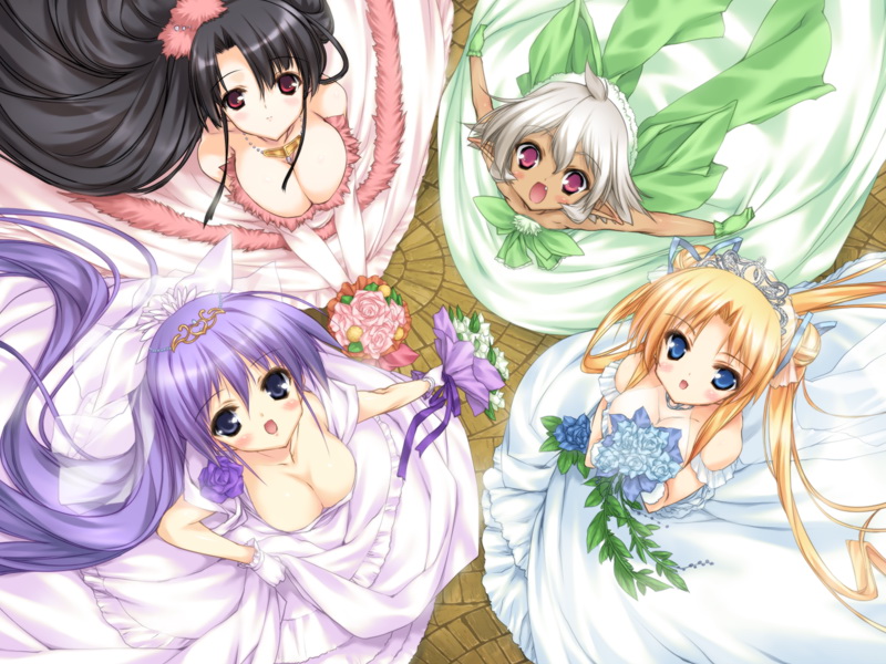 urotan, kirisaki kaede, rena fraulain, shao, shiromiya shizuku, momoiro guardian, game cg, 4girls, black hair, blonde hair, blue eyes, blush, bouquet, bow, breasts, bridal veil, bride, cleavage, dark-skinned female, dark skin, double bun, downblouse, dress, elbow gloves, fang, flat chest, flower, from above, gloves, hair bun, jewelry, large breasts, long hair, looking at viewer, looking up, multiple girls, necklace, open mouth, outstretched arms, pink eyes, pointy ears, ponytail, purple hair, red eyes, rose, short hair, spread arms, tiara, twintails, veil, very long hair, wedding dress, white hair