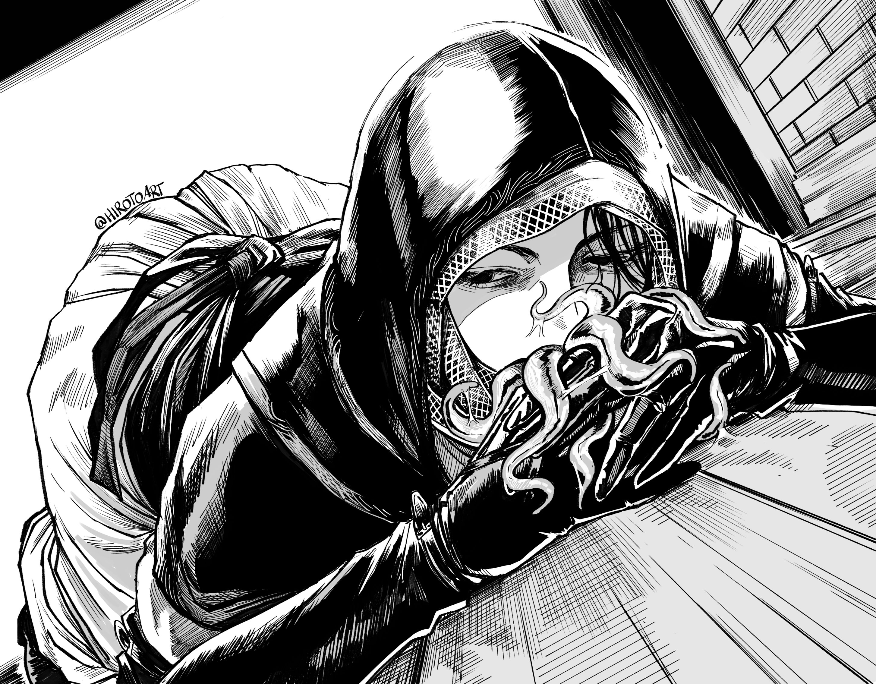 hirotoart, undertaker (elden ring), elden ring, elden ring nightreign, commentary, english commentary, highres, 1girl, black capelet, black gloves, black hood, capelet, coif, elbow gloves, gloves, greyscale, hair over one eye, looking to the side, monochrome, mouth tentacles, own hands clasped, own hands together, solo, tentacle tongue, top-down bottom-up, twitter username, white coif