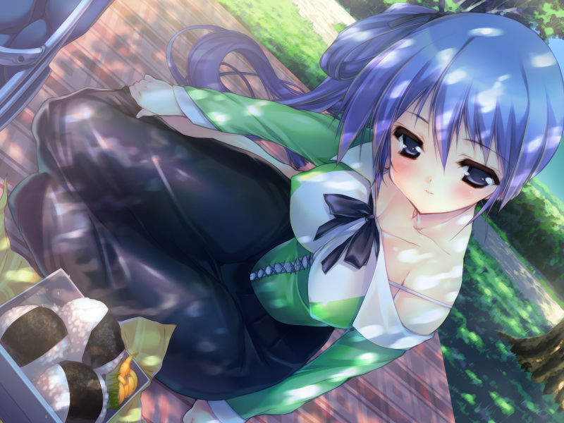 urotan, kirisaki kaede, momoiro guardian, game cg, 1girl, bare shoulders, bento, blanket, blush, bra, breasts, covered erect nipples, dappled sunlight, dutch angle, female focus, food, head tilt, impossible clothes, impossible shirt, lingerie, long hair, off shoulder, onigiri, outdoors, ponytail, pov, purple eyes, purple hair, ribbon, shirt, side ponytail, sitting, skirt, smile, solo, strap slip, sunlight, tree, underwear, very long hair