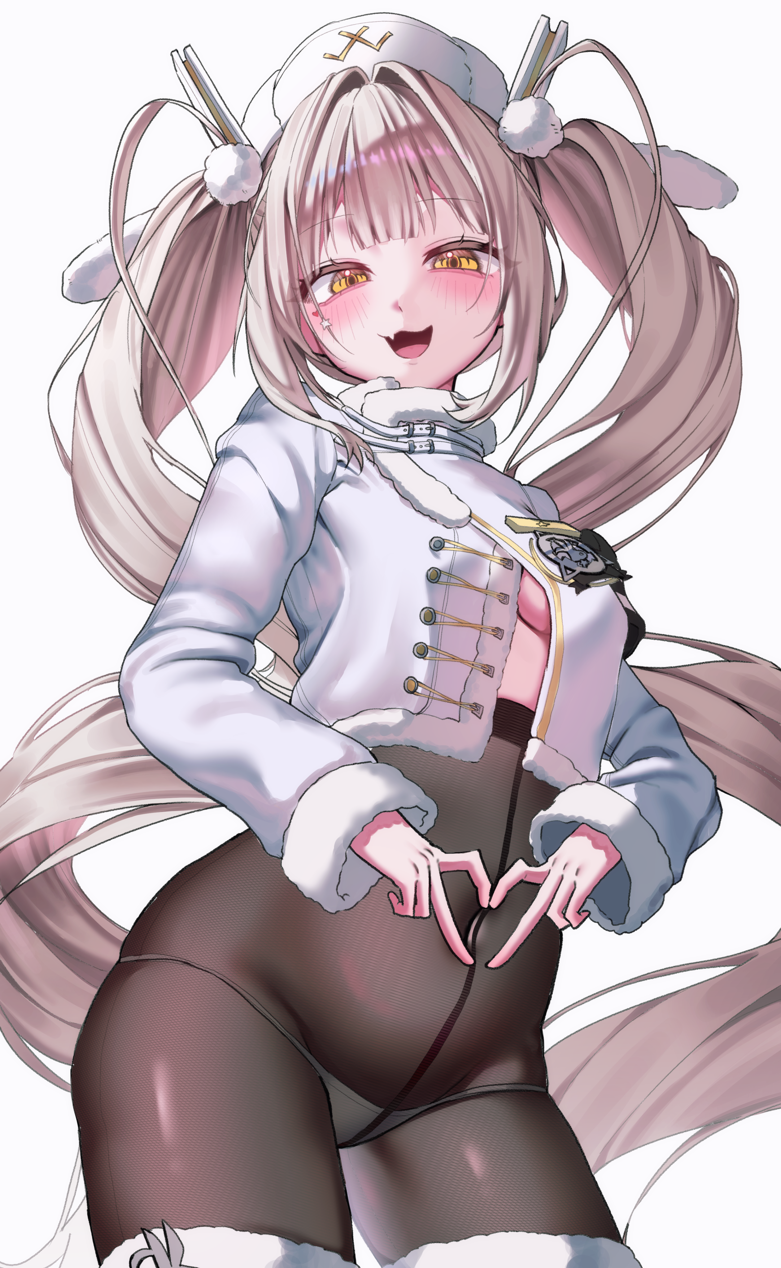 mimu (cyus7328), blanc (fortune express) (nikke), blanc (nikke), goddess of victory: nikke, absurdres, commentary request, highres, korean commentary, 1girl, black pantyhose, breasts, coat, grey hair, hat, long hair, looking at viewer, official alternate costume, official alternate hairstyle, open mouth, panties, panties under pantyhose, pantyhose, simple background, small breasts, solo, twintails, underwear, very long hair, white background, white coat, white hat, white panties, winter clothes, winter coat, yellow eyes