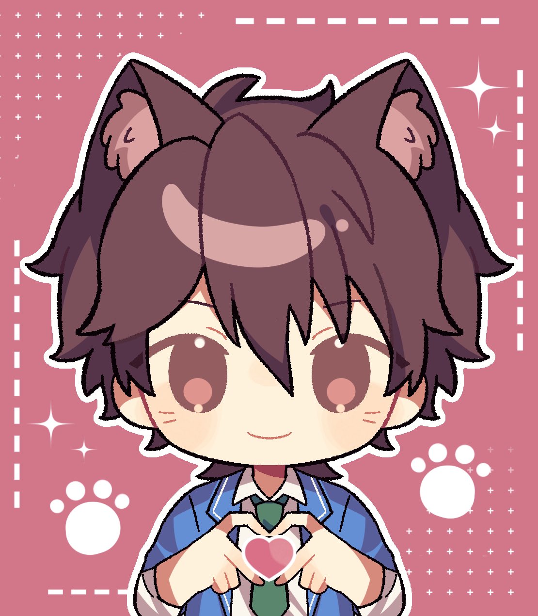 morisawa chiaki, ensemble stars!, commentary, highres, symbol-only commentary, 1boy, animal ears, blue jacket, brown hair, cat ears, closed mouth, collared shirt, extra ears, eyes visible through hair, green necktie, hands up, heart, heart hands, jacket, looking at viewer, male focus, mei tongzhi wo a, necktie, outline, paw print, red background, red eyes, school uniform, shirt, short hair, simple background, sleeves rolled up, smile, solo, sparkle, upper body, white outline, yumenosaki school uniform