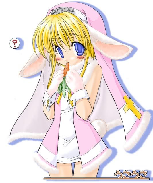bridget (guilty gear), guilty gear, 1boy, ?, animal ears, blonde hair, blush, carrot, cross, crossdressing, crossdressing (mtf), fluffy, gloves, male focus, rabbit ears, shota, solo, tail, trap