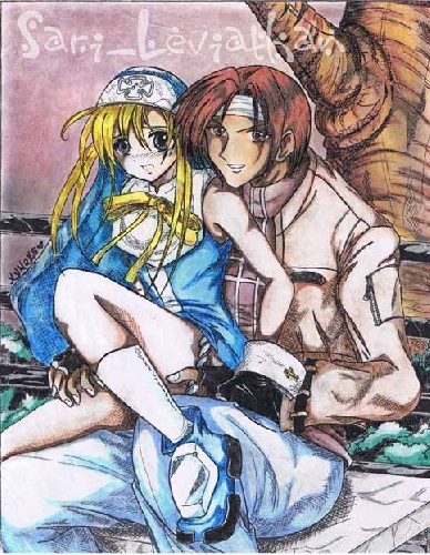 bridget (guilty gear), kusanagi kyou, arc system works, guilty gear, snk, the king of fighters, ass grab, lowres, 2boys, ass, bandana, blonde hair, blush, cross, crossdressing, crossdressing (mtf), crossover, gloves, male focus, multiple boys, outdoors, ribbon, shota, trap, yaoi