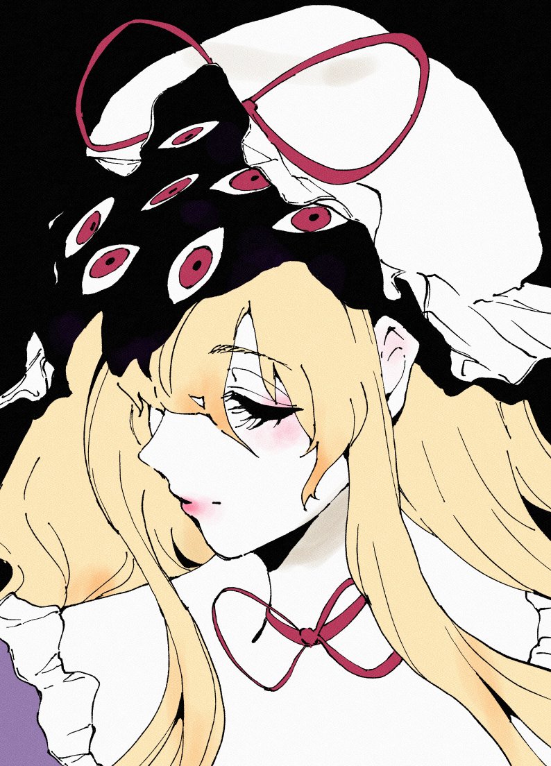 asuzemu, yakumo yukari, touhou, hashtag-only commentary, 1girl, black background, blonde hair, choker, closed eyes, closed mouth, dress, expressionless, frills, gap (touhou), hat, long hair, mob cap, one eye covered, portrait, purple dress, red eyes, ribbon choker, solo