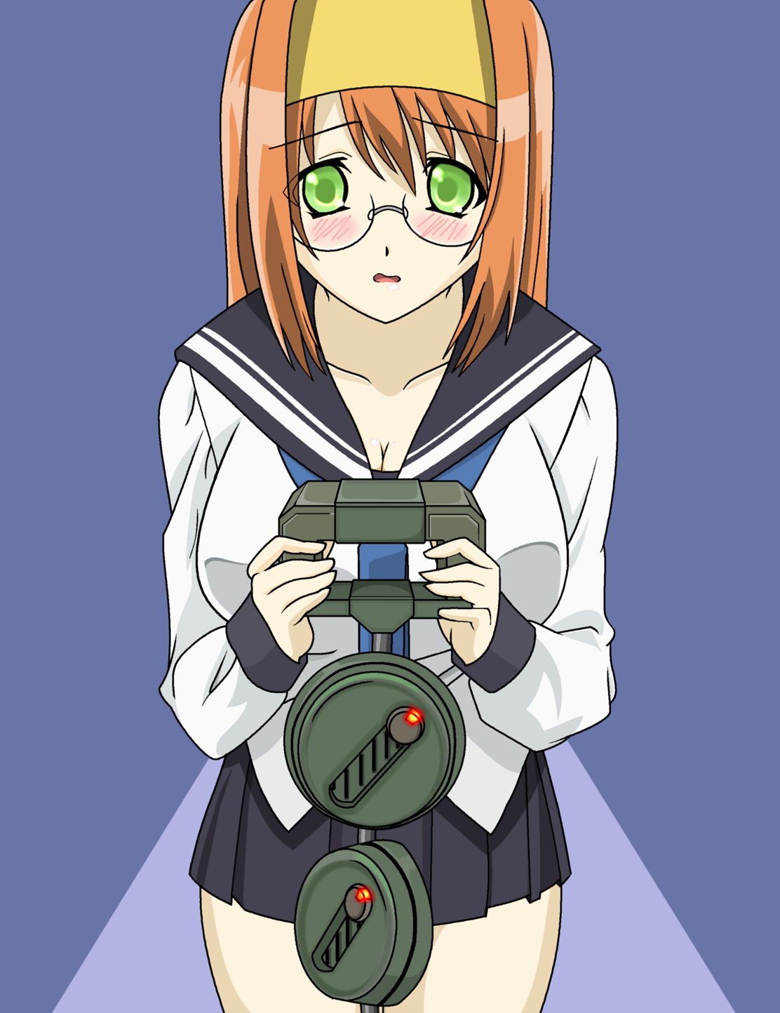 joy (artist), kampfer (mobile suit), mishima akane, gundam, gundam 0080, kampfer, highres, 1girl, blush, breasts, chain mine, cowboy shot, embarrassed, female focus, glasses, green eyes, hairband, large breasts, long hair, looking at viewer, miniskirt, name connection, orange hair, parody, pleated skirt, school uniform, serafuku, simple background, skirt, solo, standing, weapon