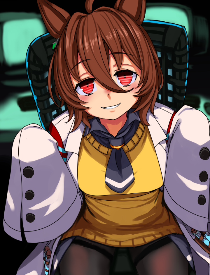 gumakara, agnes tachyon (umamusume), umamusume, commentary request, 1girl, ahoge, animal ears, ascot, black ascot, black pantyhose, breasts, brown hair, chair, hair intakes, horse ears, horse girl, lab coat, medium breasts, pantyhose, red eyes, sitting, sleeves past fingers, sleeves past wrists, smile, solo, striped irises, sweater, test tube, yellow sweater