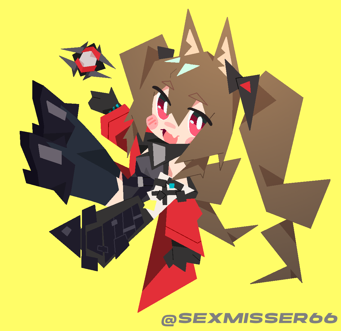 sexmiss, angelina (arknights), gilberta (arknights), infection monitor (arknights), arknights, arknights: endfield, chinese commentary, commentary request, 1girl, animal ear fluff, animal ears, black shoes, black thighhighs, blush stickers, brown hair, coat, deformed, dress, fang, fox ears, fox girl, full body, grey dress, hair between eyes, headpiece, high collar, long hair, long sidelocks, long sleeves, looking at viewer, off shoulder, open clothes, open coat, originium (arknights), outstretched arm, red coat, red eyes, shoes, short dress, sidelocks, simple background, skin fang, solo, thighhighs, twintails, twitter username, very long hair, yellow background