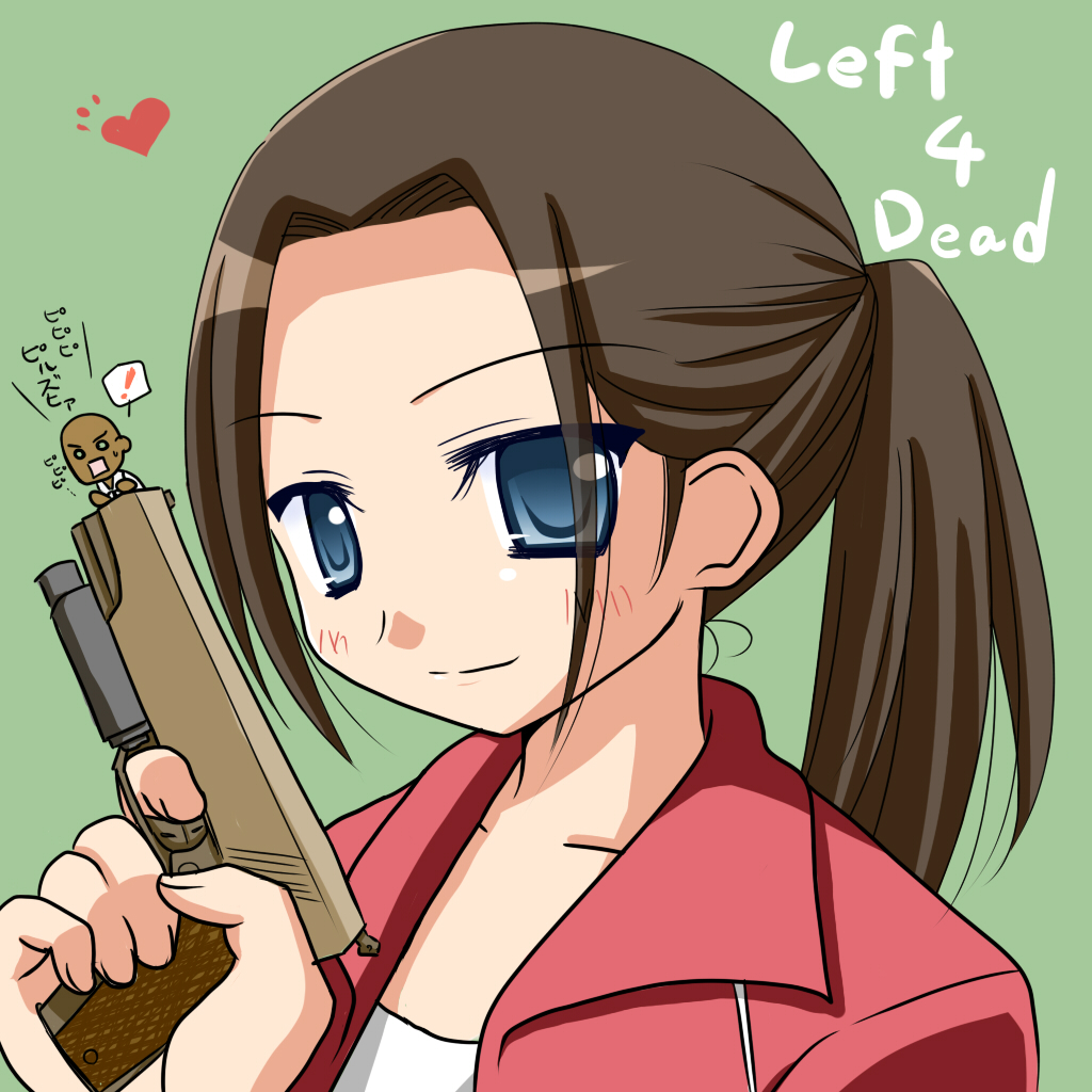 hitsuki miyu, louis (left4dead), zoey (left4dead), left 4 dead, left 4 dead 1, bad id, bad pixiv id, !, 1boy, 1girl, blue eyes, brown hair, finger on trigger, gun, handgun, heart, m1911, mini person, miniboy, pistol, ponytail, weapon