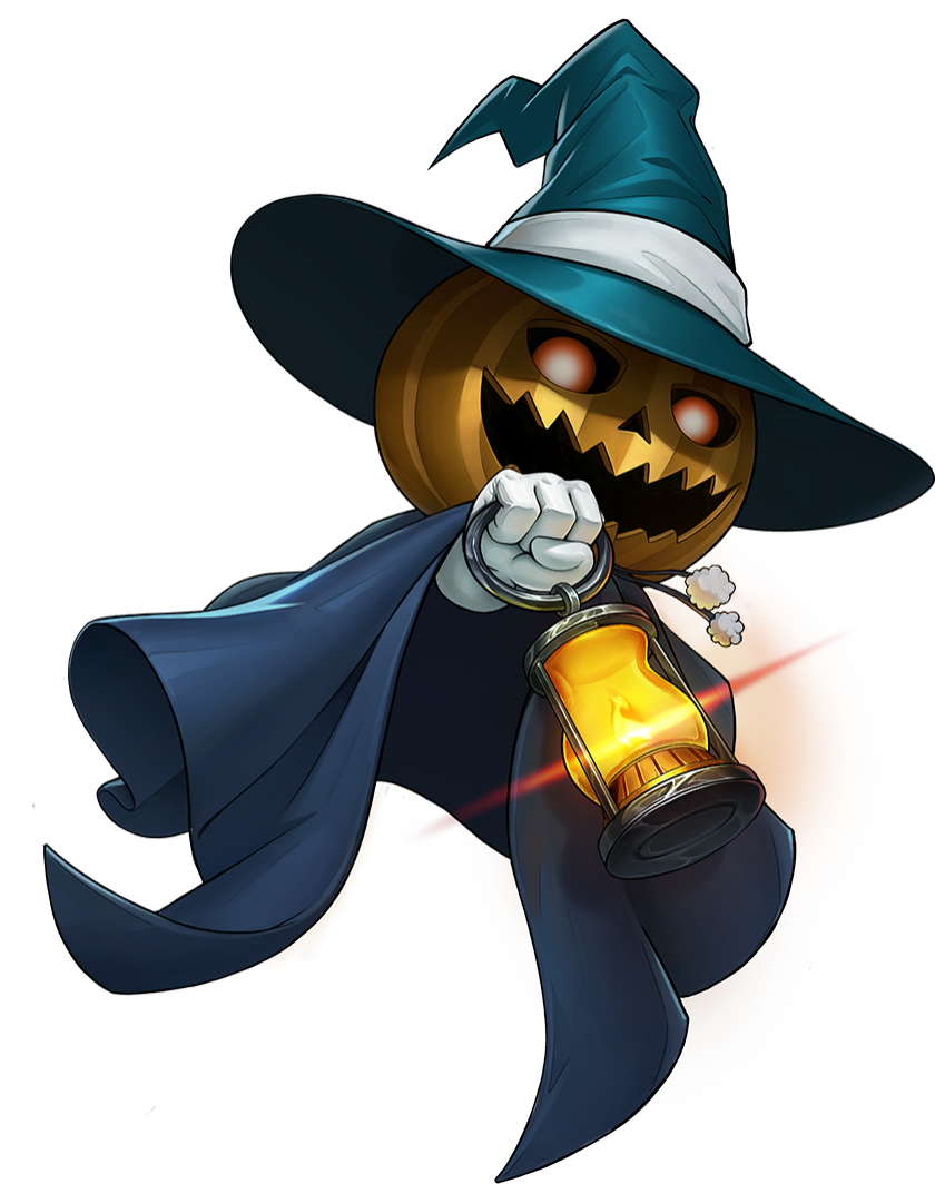 pyro jack, persona, persona 5, persona 5: the phantom x, shin megami tensei, artist request, commentary, english commentary, official art, third-party source, cloak, demon (megami tensei), gloves, hat, holding, holding lantern, jack-o'-lantern, lantern, no humans, open mouth, pom pom (clothes), red eyes, solo, transparent background, white gloves, witch hat