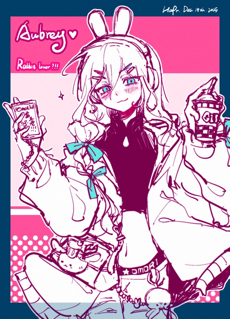 hapr (noneprice), aubrey (birthday) (omori), aubrey (faraway) (omori), aubrey (omori), cupcake bunny (omori), forest bunny? (omori), omori, commentary, symbol-only commentary, 1girl, :3, animal ear hairband, animal ears, artist name, blue bow, blue eyes, blush, bow, braid, cardigan, character charm, character name, charm (object), closed mouth, crop top, cup, dated, denim, disposable cup, double-parted bangs, drinking straw, english text, fake animal ears, greyscale, hair between eyes, hair bow, hair ornament, hairband, hairclip, holding, holding cup, jeans, long sleeves, looking at viewer, low twin braids, monochrome, navel, open cardigan, open clothes, pants, parallel hairclips, rabbit ear hairband, rabbit ears, sidelocks, smile, solo, spot color, twin braids