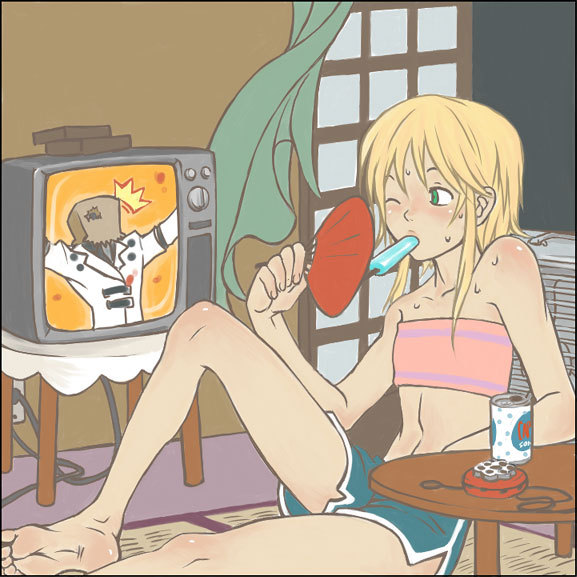 priscilla hamby, bridget (guilty gear), faust (guilty gear), arc system works, guilty gear, 1boy, bag on head, barefoot, blonde hair, blush, crossdressing, crossdressing (mtf), electric fan, feet, food, ice cream, indoors, male focus, one eye closed, shorts, shota, sitting, soda, soles, solo, solo focus, sweat, television, trap, wince, wink