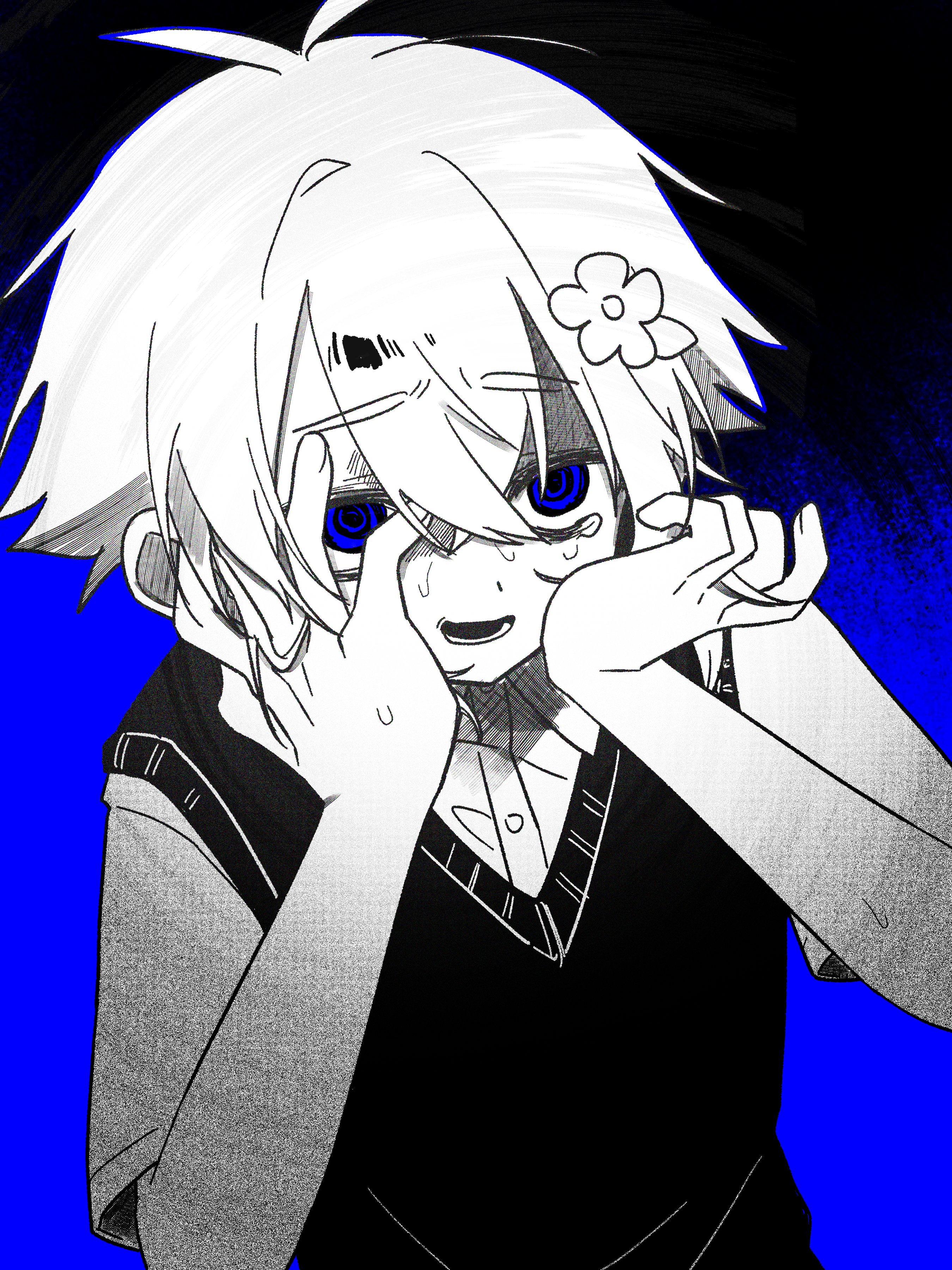 mqd0rl, basil (faraway) (omori), basil (omori), omori, absurdres, commentary, highres, symbol-only commentary, 1boy, antenna hair, blue eyes, collared shirt, crying, crying with eyes open, double-parted bangs, flower, greyscale, hair between eyes, hair flower, hair ornament, lower teeth only, male focus, monochrome, open mouth, shirt, short hair, sidelocks, solo, spot color, sweater vest, tears, teeth, upper body, upper teeth only
