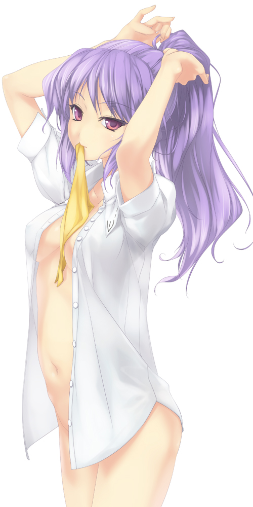 rokuwata tomoe, watatsuki no yorihime, silent sinner in blue, touhou, touhou bougetsushou, 1girl, adjusting hair, bottomless, breasts, dress shirt, female focus, high ponytail, long hair, mouth hold, naked shirt, navel, no bra, no panties, open clothes, open shirt, ponytail, purple hair, red eyes, ribbon, shirt, simple background, solo, tying hair