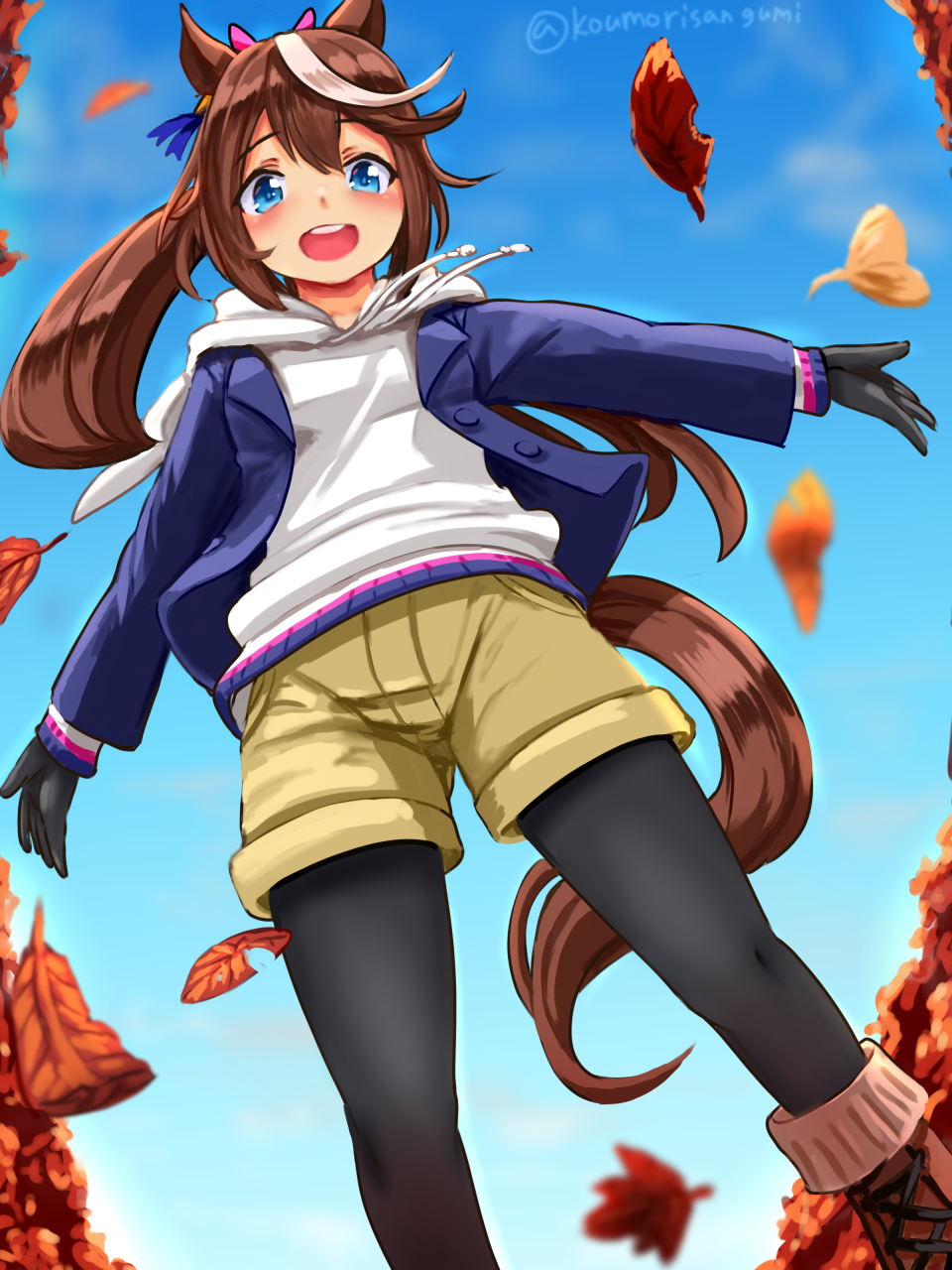gumakara, tokai teio (umamusume), umamusume, commentary request, highres, 1girl, animal ears, autumn leaves, black gloves, black pantyhose, blue eyes, blush, brown hair, from below, gloves, hood, hoodie, horse ears, horse girl, horse tail, jacket, jacket over hoodie, leaf, multicolored hair, open mouth, outstretched arms, pantyhose, pantyhose under shorts, ponytail, purple jacket, round teeth, shorts, smile, solo, streaked hair, tail, teeth, twitter username, two-tone hair, upper teeth only, white hair, white hoodie, yellow shorts