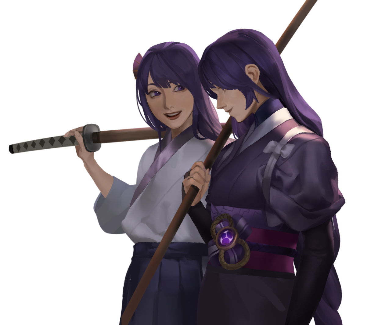 suqling, makoto (genshin impact), raiden shogun, genshin impact, commentary, symbol-only commentary, 2girls, armor, belt, blue skirt, bow, braid, closed mouth, cowboy shot, fan hair ornament, fingernails, gem, hair ornament, hakama, hakama skirt, hand fan, hand up, holding, holding sword, holding weapon, japanese armor, japanese clothes, katana, kimono, kote, kurokote, lips, long hair, long sleeves, looking at another, low-braided long hair, low-tied long hair, mitsudomoe (shape), multiple girls, open mouth, over shoulder, pink sash, purple belt, purple eyes, purple gemstone, purple hair, purple kimono, sash, short sleeves, siblings, simple background, single braid, sisters, skirt, smile, standing, sword, teeth, tomoe (symbol), twins, vision (genshin impact), weapon, weapon over shoulder, white background, white bow, white kimono, wide sleeves