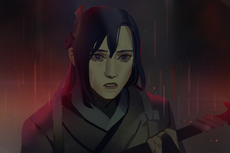 suqling, raiden shogun, genshin impact, commentary, symbol-only commentary, 1girl, black gloves, black kimono, bow, fingerless gloves, flower, gloves, gold ring, hair between eyes, hair flower, hair ornament, hand up, headpiece, holding, holding sword, holding weapon, japanese clothes, katana, kimono, lips, long hair, looking ahead, night, outdoors, purple eyes, purple flower, purple hair, rain, solo, sword, teeth, upper body, weapon, white bow