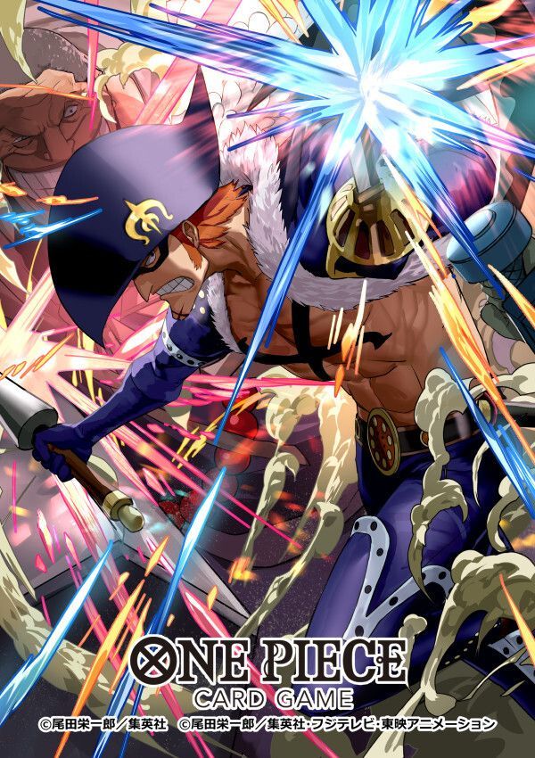 adachi yousuke, urouge, x drake, one piece, one piece card game, commentary request, official art, 2boys, abs, attack, boots, buzz cut, chest tattoo, clenched teeth, copyright name, cropped jacket, eye mask, holding, holding sword, holding weapon, male focus, mask, multiple boys, orange hair, short hair, sideburns, smoke, sword, tattoo, teeth, thigh boots, very short hair, weapon