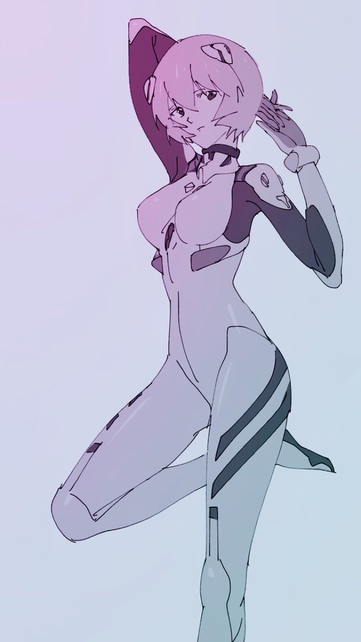 swirl9017, ayanami rei, neon genesis evangelion, bad id, bad twitter id, highres, 1girl, arms behind head, bodysuit, breasts, expressionless, interface headset (evangelion), interlocked fingers, looking at viewer, mecha pilot suit, monochrome, own hands together, plugsuit (evangelion), short hair, solo, standing, standing on one leg