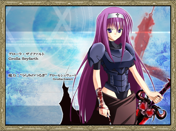 womi, grolla seyfarth, rosenkreuzstilette, rosenkreuzstilette freudenstachel, 1girl, armor, bandages, blood, bodysuit, breasts, female focus, glowing, glowing eyes, headband, large breasts, long hair, purple eyes, purple hair, red eyes, solo, sword, very long hair, weapon