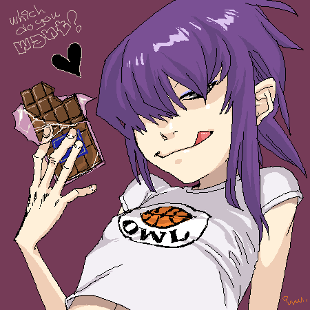 noodle (gorillaz), gorillaz, lowres, 1girl, :p, :q, basketball, candy, chocolate, covered erect nipples, eyeshadow, female focus, flat chest, food, grey eyes, heart, licking, loli, looking at viewer, makeup, oekaki, short hair, simple background, smile, solo, tomboy, tongue, tongue out