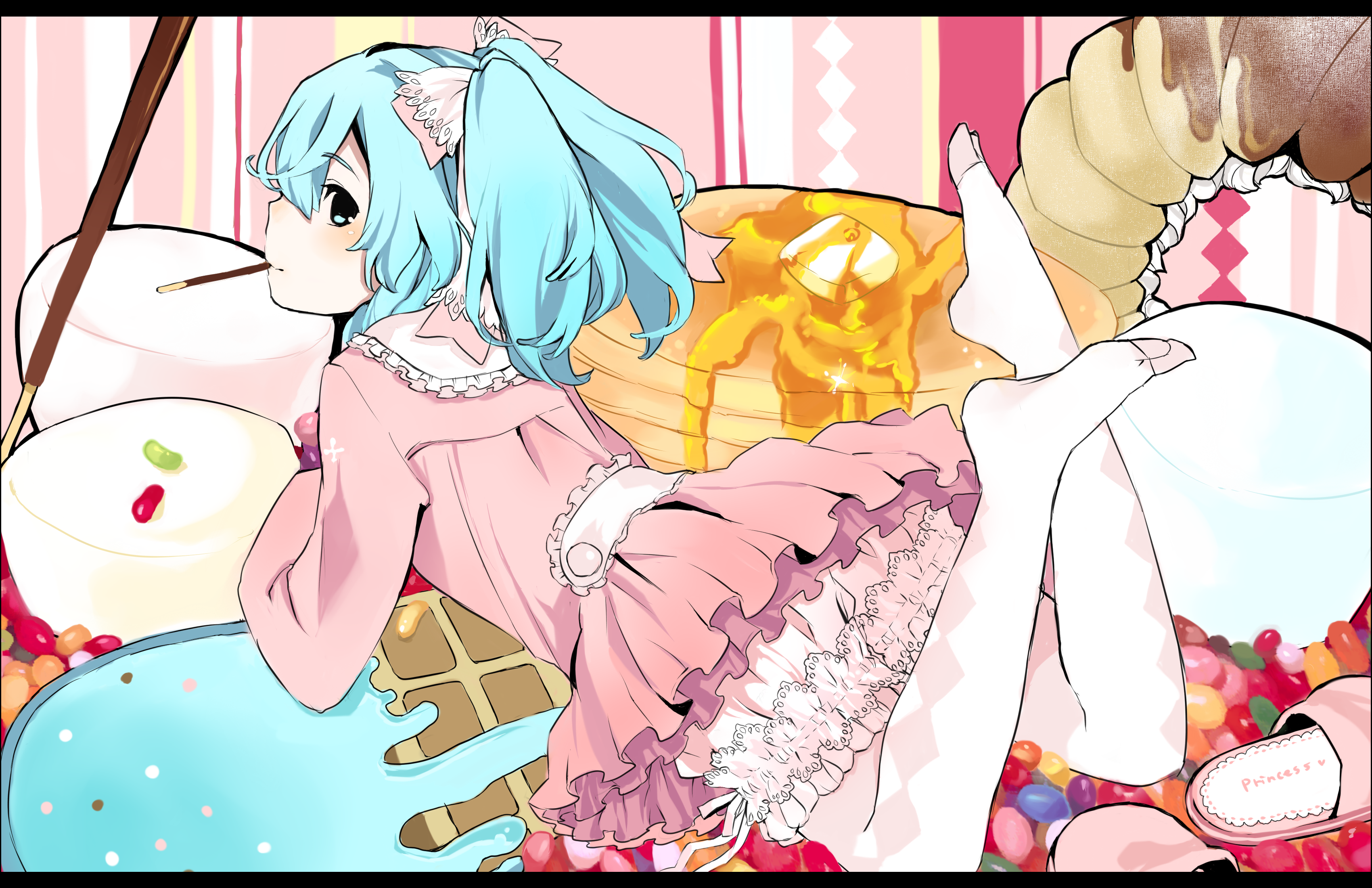 tan (tangent), ted (artist), original, absurdres, bad id, bad pixiv id, highres, 1girl, bloomers, blue eyes, blue hair, feet, female focus, food, ice cream, legs, letterboxed, lying, matching hair/eyes, on stomach, pancake, pantyhose, pocky, slippers, solo, underwear, white pantyhose