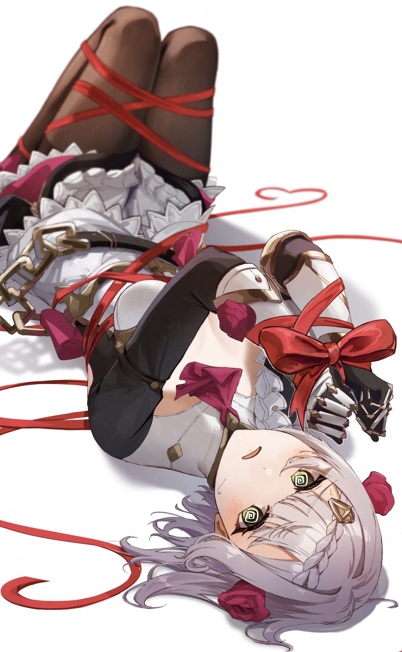 kyanonpan50, noelle (genshin impact), genshin impact, absurdres, commentary request, highres, 1girl, armor, armored dress, ascot, bound, bound legs, bound wrists, braid, braided bangs, breasts, dress, flower, gauntlets, green eyes, grey hair, hair flower, hair ornament, looking at viewer, lying, on back, pantyhose, red ascot, red flower, red rose, rose, solo