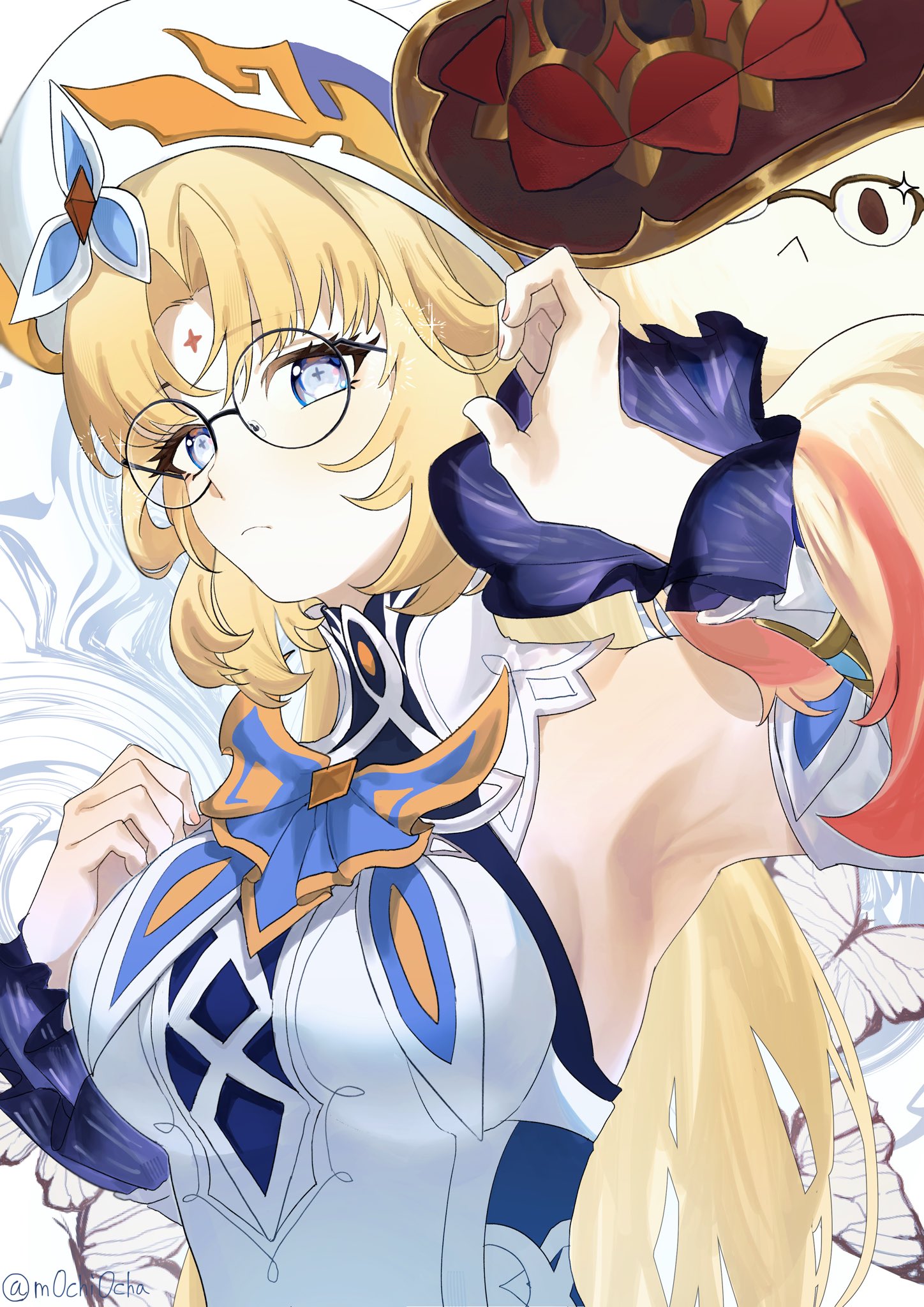 nicole reeyn, genshin impact, commentary, highres, symbol-only commentary, 1girl, armpits, blonde hair, blue eyes, breasts, closed mouth, detached sleeves, dress, glasses, hand up, long hair, long sleeves, looking at viewer, mochimochi ocha, round eyewear, solo, symbol-shaped pupils, upper body, white dress