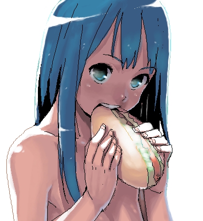 poporon, lowres, 1girl, blue eyes, blue hair, censored, convenient censoring, eating, female focus, fingernails, flat chest, food, hot dog, jaggy lines, loli, long hair, matching hair/eyes, nail (hardware), oekaki, sexually suggestive, solo, topless female, topless frame