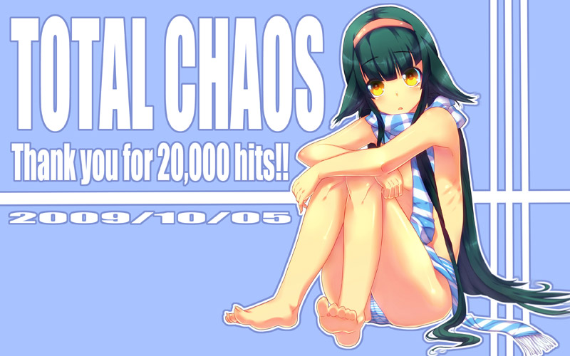 is ii, isii, original, 1girl, barefoot, feet, female focus, hairband, long hair, panties, scarf, solo, striped clothes, striped panties, striped scarf, topless female, underwear