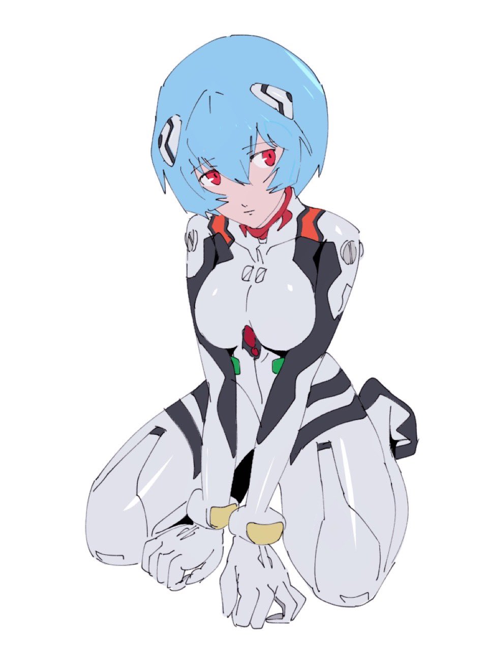 swirl9017, ayanami rei, neon genesis evangelion, bad id, bad twitter id, highres, 1girl, between legs, blue eyes, bodysuit, breasts, expressionless, hand between legs, interface headset (evangelion), looking at viewer, mecha pilot suit, plugsuit (evangelion), red eyes, short hair, simple background, sitting, solo, wariza, white background, white bodysuit