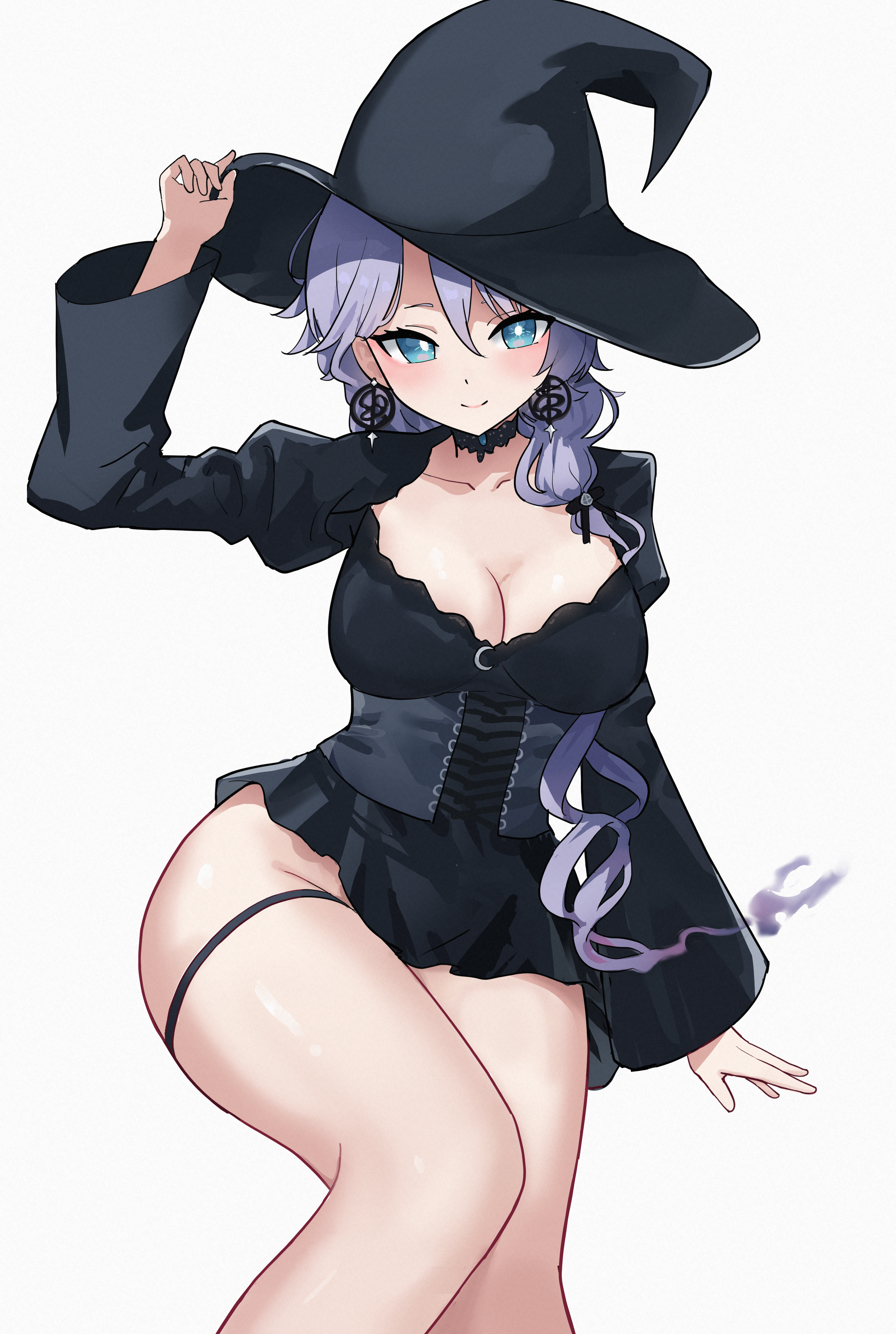 chideno, phase connect, absurdres, highres, second-party source, 1girl, black choker, black dress, black hat, blue eyes, bright pupils, choker, collarbone, corset, dress, earrings, grey hair, hat, hoop earrings, jewelry, long sleeves, shisui michiru, short dress, solo, virtual youtuber, white background, white pupils, witch hat