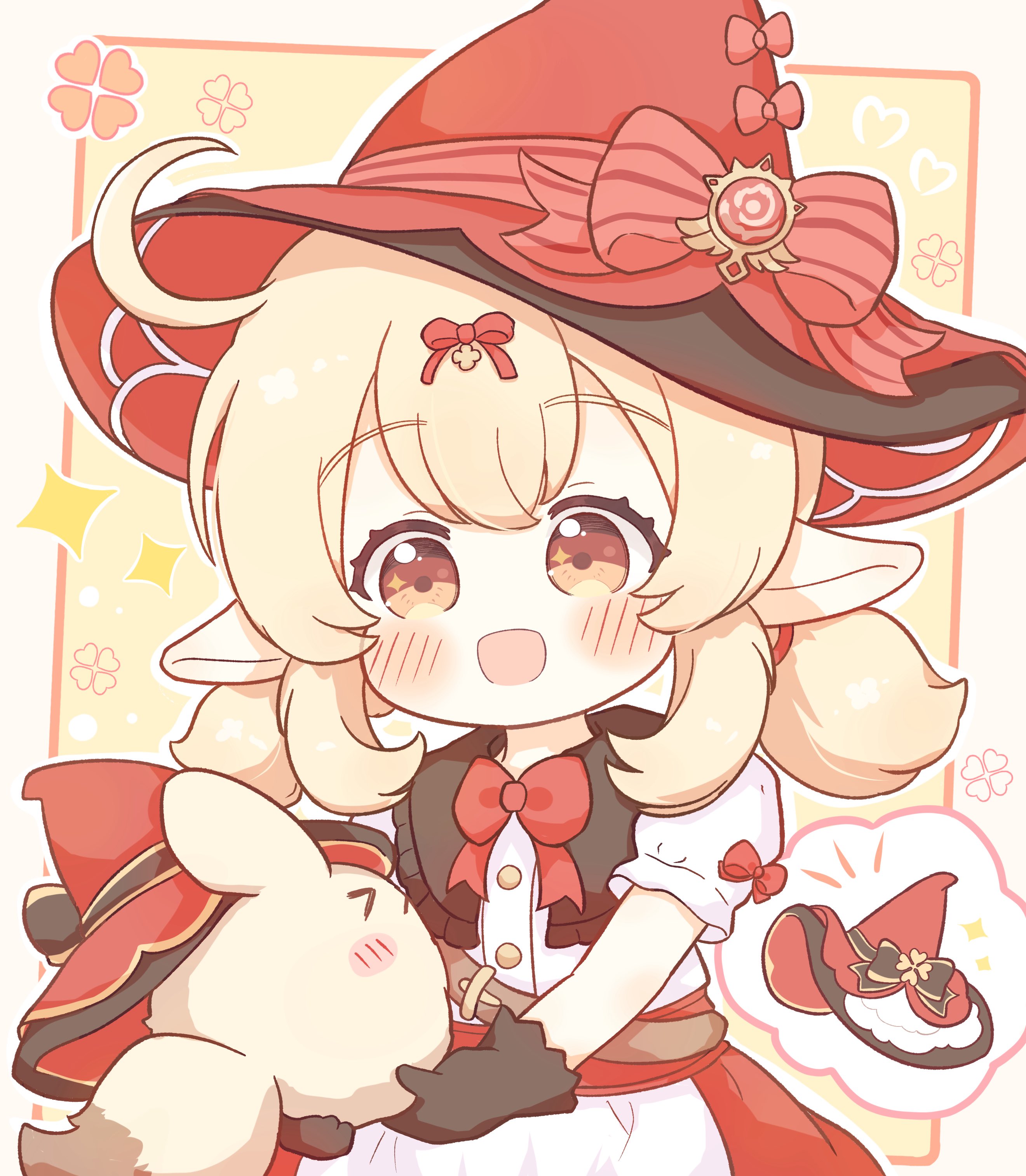 dodoco (genshin impact), klee (blossoming starlight) (genshin impact), klee (genshin impact), genshin impact, absurdres, commentary request, highres, 1girl, ahoge, blonde hair, blush, bow, bowtie, brown gloves, gloves, hat, hat ribbon, holding, official alternate costume, open mouth, pointy ears, red bow, red bowtie, red eyes, red hat, red skirt, ribbon, shirt, skirt, solo, white shirt, witch hat, yuu neconouti