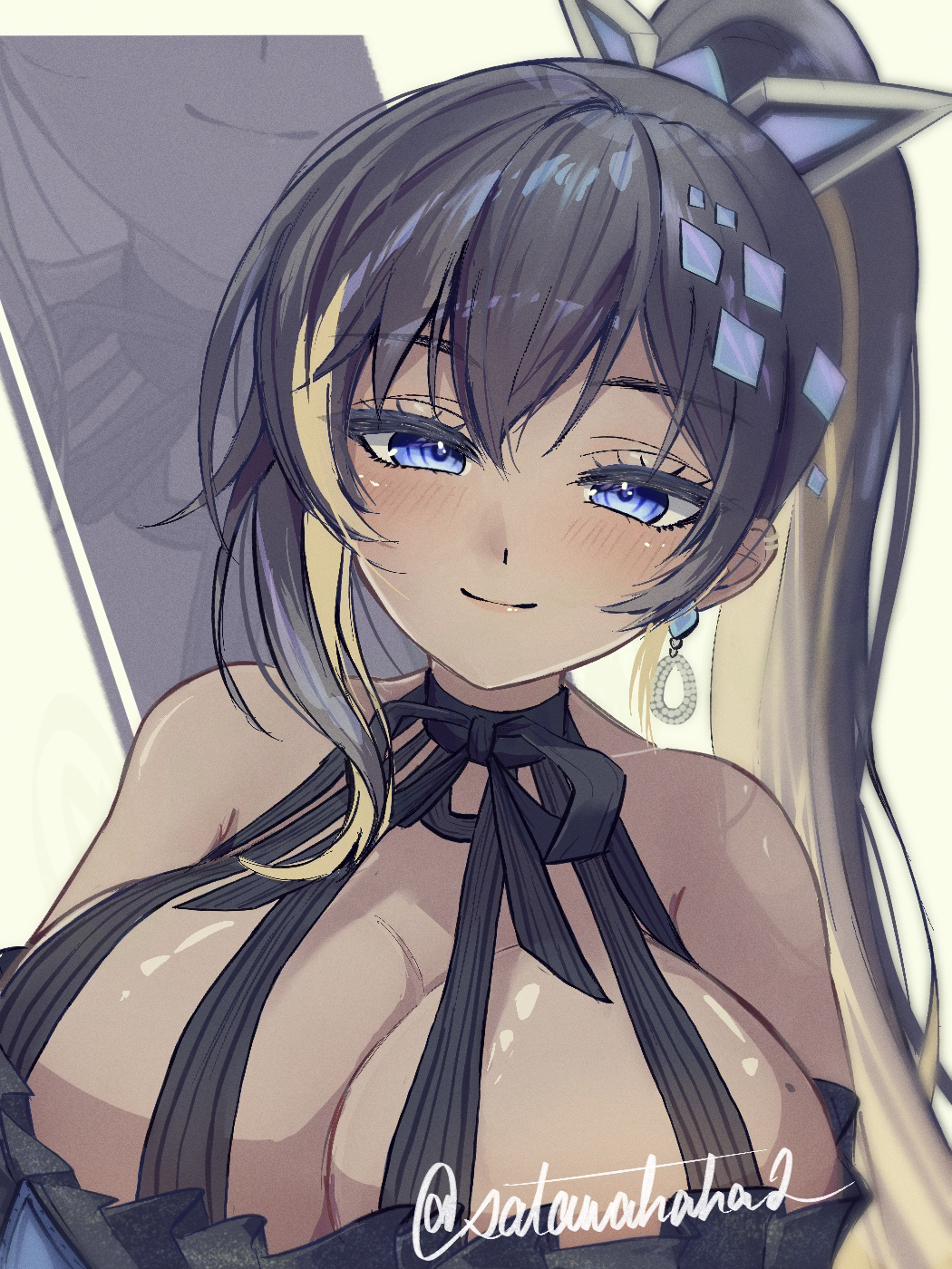 sata (satawahaha), noise (nikke), goddess of victory: nikke, commentary request, highres, 1girl, black hair, blue eyes, breasts, cleavage, colored inner hair, dark-skinned female, dark skin, earrings, jewelry, large breasts, multicolored hair, ponytail, signature, smile, solo, streaked hair, twitter username, upper body