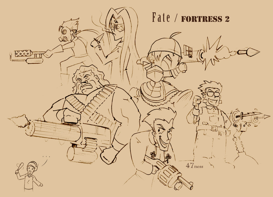 shiro (tamago no kara), shirou, archer (fate), artoria pendragon (fate), cu chulainn (fate), cu chulainn (lancer) (fate), demoman (tf2), emiya shirou, engineer (tf2), gilgamesh (fate), heavy (tf2), heracles (fate), medusa (fate), medusa (rider) (fate), pyro (tf2), saber (fate), scout (tf2), soldier (tf2), spy (tf2), fate/stay night, fate (series), team fortress 2, 2girls, 5boys, ahoge, cosplay, monochrome, multiple boys, multiple girls, parody