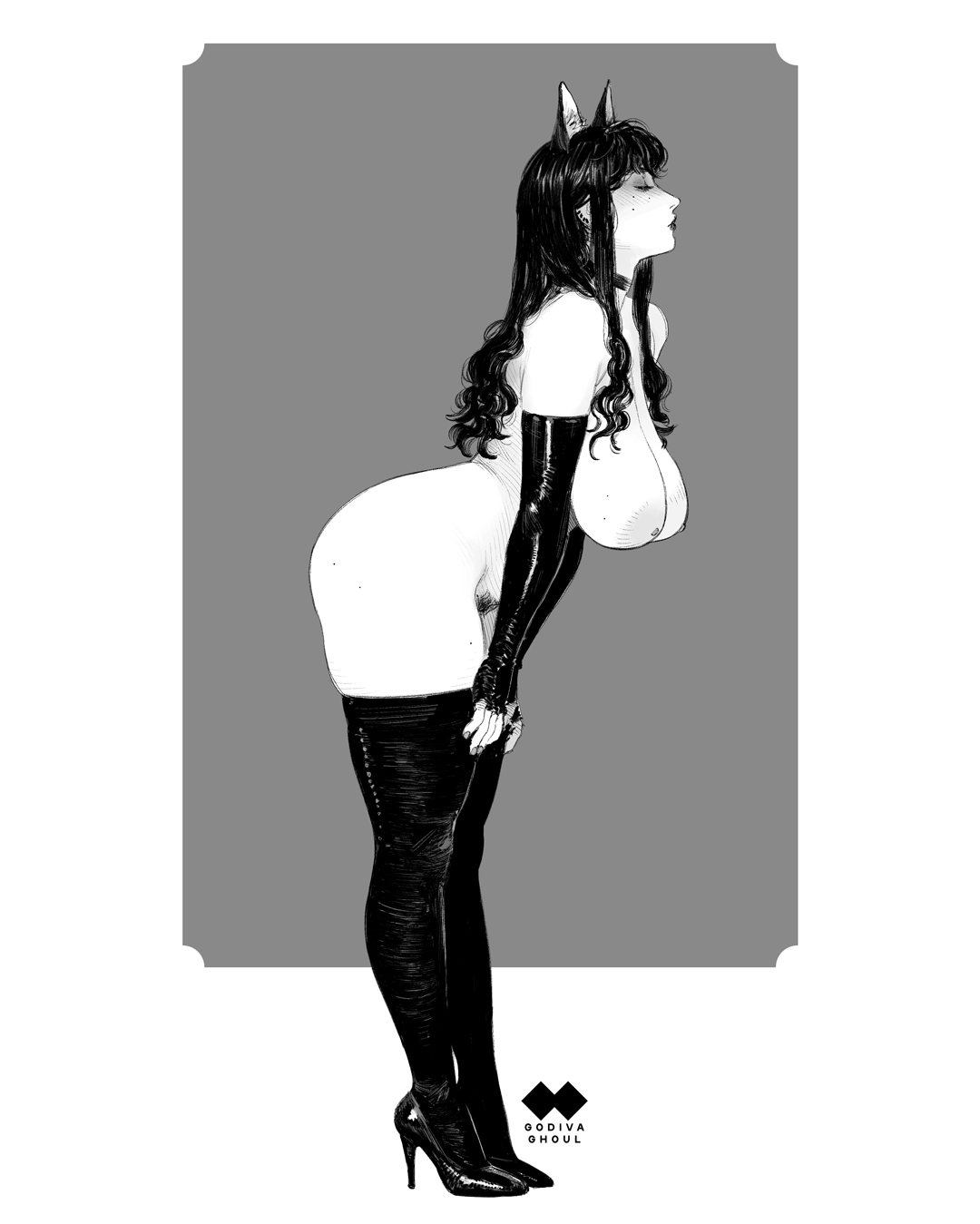 godiva ghoul, original, commentary, english commentary, highres, 1girl, animal ears, artist logo, artist name, ass, blunt bangs, blush, breasts, cat ears, choker, closed eyes, closed mouth, ear piercing, elbow gloves, eyelashes, facing ahead, female pubic hair, fingerless gloves, fingernails, from side, full body, gloves, grey background, greyscale, hands on own thighs, hatching (texture), high heels, large areolae, large breasts, leaning forward, lips, lipstick, logo, long hair, long sidelocks, looking at viewer, makeup, mole, mole on breast, mole on thigh, mole under eye, monochrome, multiple moles, nipples, nose, nude, piercing, profile, pubic hair, sagging breasts, sidelocks, simple background, skindentation, solo, standing, stiletto heels, thick thighs, thighhighs, thighs, two-tone background, wavy ends, white background
