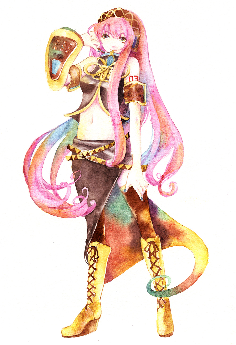 muttiy, megurine luka, vocaloid, bad id, bad pixiv id, highres, painting (medium), traditional media, watercolor (medium), 1girl, belt, boots, detached sleeves, female focus, full body, headset, long hair, midriff, navel, pink hair, simple background, skirt, solo, thighhighs, very long hair, white background