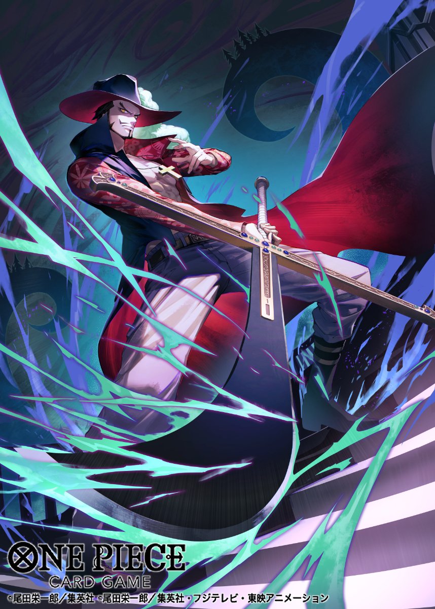 namahamu913, dracule mihawk, one piece, one piece card game, commentary request, highres, official art, 1boy, abs, beard, boots, closed mouth, coat, copyright name, cross pendant, dutch angle, facial hair, hat feather, holding, holding sword, holding weapon, male focus, pants, short hair, solo, sword, weapon, wind, yellow eyes