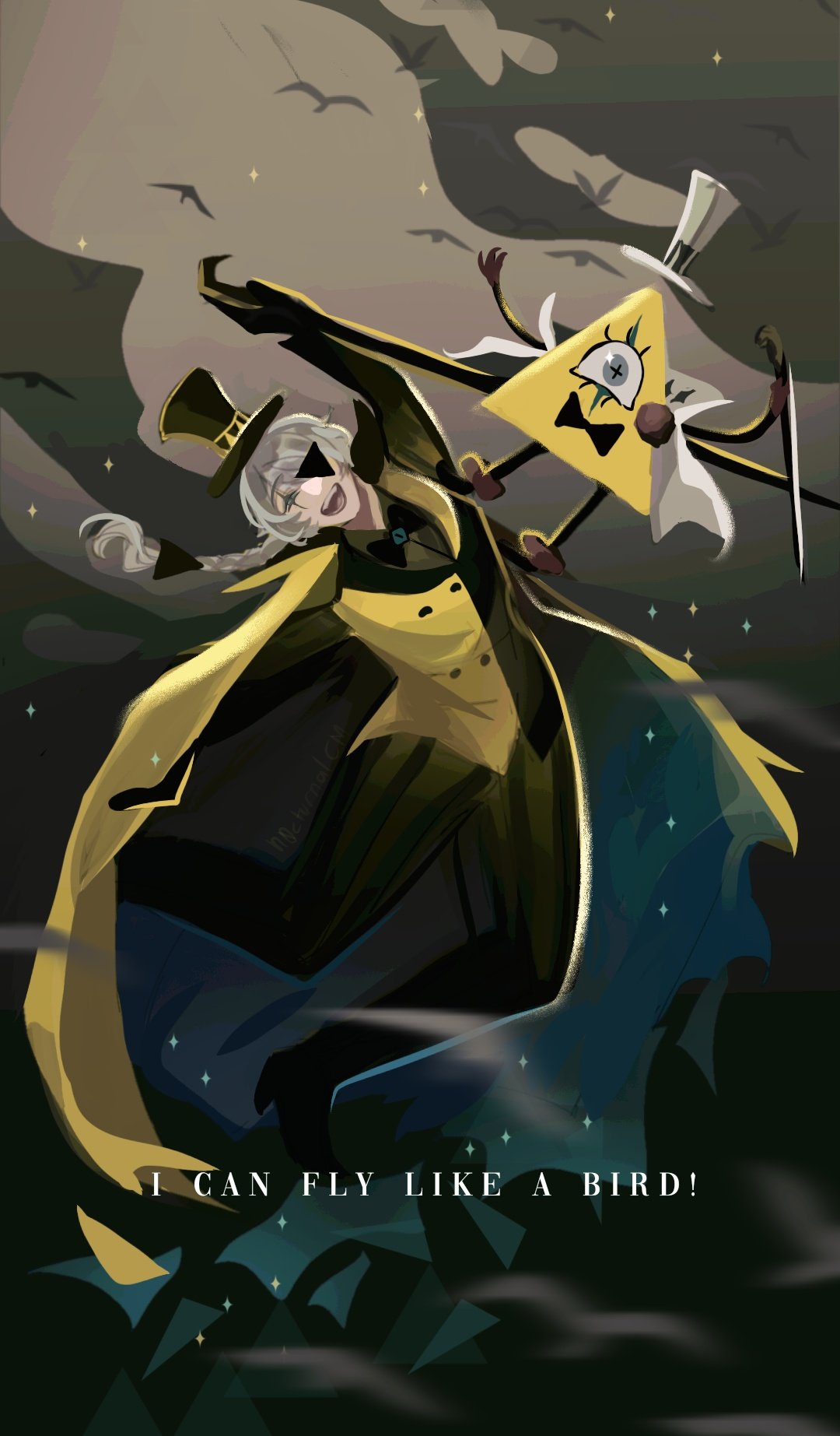 n0cturnalcm, bill cipher, bungou stray dogs, gravity falls, character request, commentary, english commentary, highres, 1boy, black shirt, black vest, blue eyes, bow, bowtie, braid, cane, cape, coat, crossover, english text, full body, hat, holding, holding cane, jumping, matching outfits, multicolored coat, night, one eye covered, outdoors, outstretched arm, scar, scar across eye, scar on face, shirt, simple bird, sky, star (sky), starry sky, top hat, trait connection, two-tone coat, two-tone vest, vest, white cape, white hair, wide-eyed, yellow vest