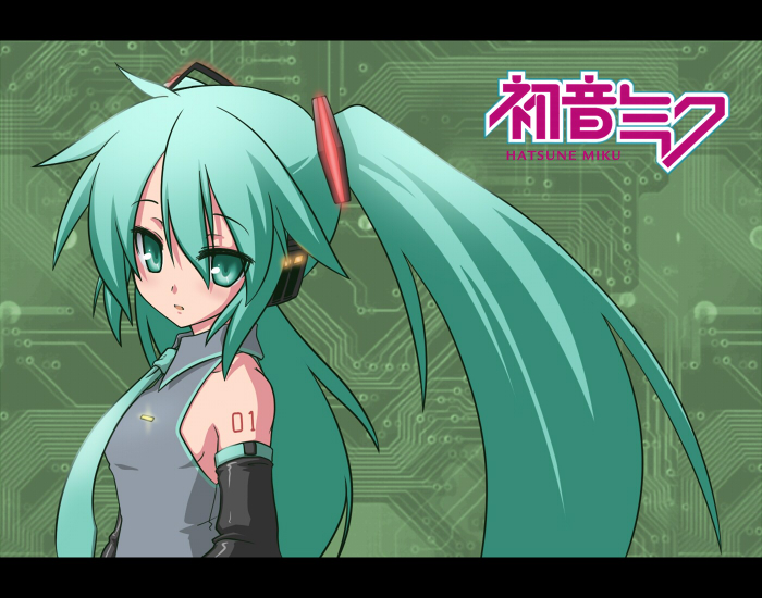 deku (dekunosu), hatsune miku, vocaloid, 1girl, detached sleeves, female focus, green eyes, green hair, letterboxed, long hair, matching hair/eyes, necktie, solo, twintails