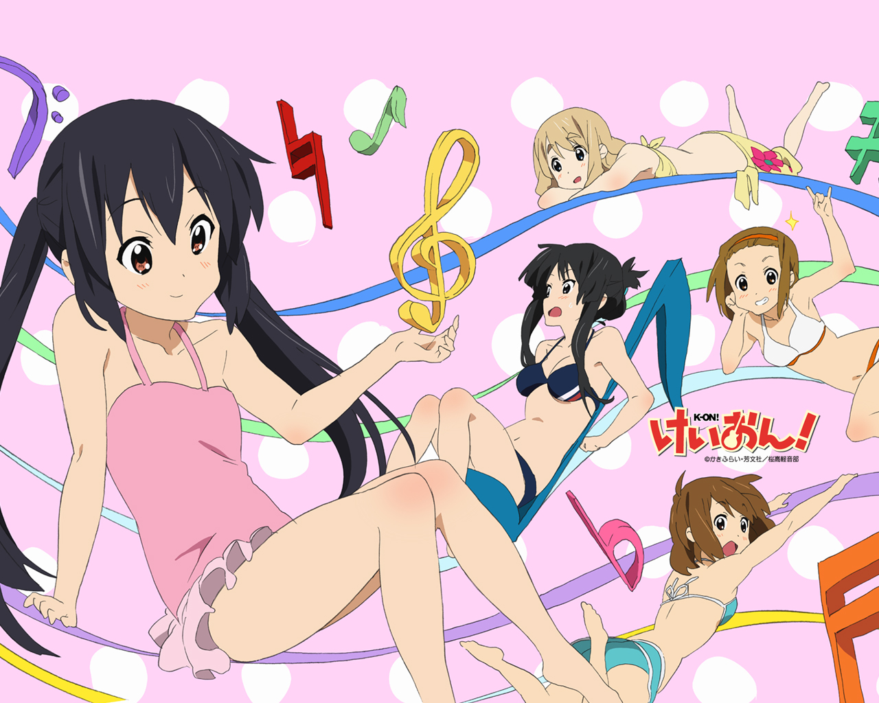 ishidate taichi, akiyama mio, hirasawa yui, kotobuki tsumugi, nakano azusa, tainaka ritsu, k-on!, official art, official wallpaper, 00s, 5girls, barefoot, bikini, black eyes, black hair, blonde hair, blue eyes, brown eyes, brown hair, ho-kago tea time, multiple girls, musical note, one-piece swimsuit, pink one-piece swimsuit, swimsuit, twintails