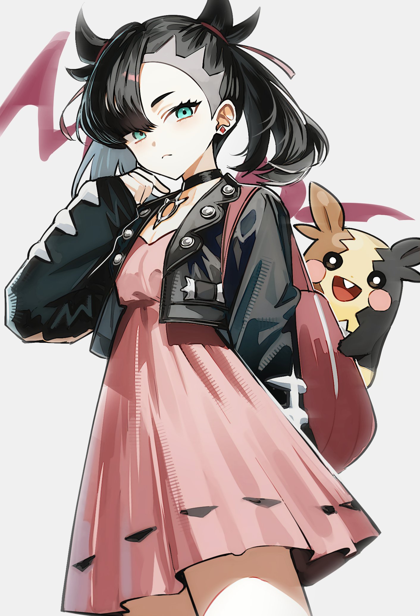 roh (user fctg7234), marnie (pokemon), morpeko, morpeko (full), nintendo, pokemon, pokemon swsh, commentary request, highres, korean commentary, 1girl, asymmetrical bangs, black choker, black hair, black jacket, choker, closed mouth, dress, earrings, eyelashes, gen 8 pokemon, green eyes, jacket, jewelry, long sleeves, looking at viewer, open clothes, open jacket, pink dress, pokemon (creature), twintails, white background