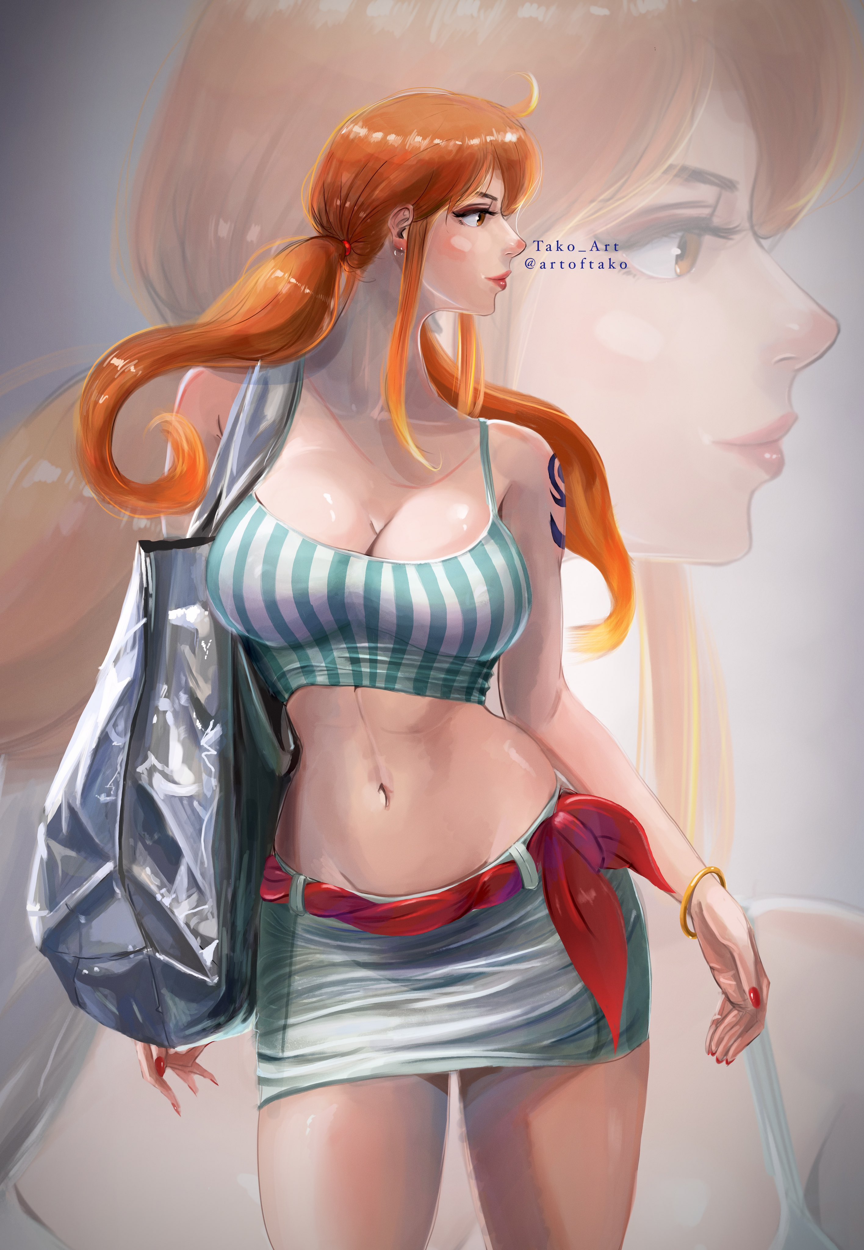stupidtako, nami (one piece), one piece, absurdres, highres, mixed-language commentary, 1girl, bag, bangle, bare shoulders, belt, belt ribbon, bracelet, breasts, cleavage, closed mouth, collarbone, cowboy shot, crop top, earrings, jewelry, large breasts, lips, long hair, looking to the side, low twintails, midriff, miniskirt, nail polish, navel, official alternate costume, official alternate hairstyle, orange hair, pink lips, profile, red belt, red nails, shirt, shoulder bag, shoulder tattoo, skirt, solo, spaghetti strap, striped clothes, striped shirt, tattoo, thighs, twintails, twitter username, vertical-striped clothes, vertical-striped shirt, white skirt