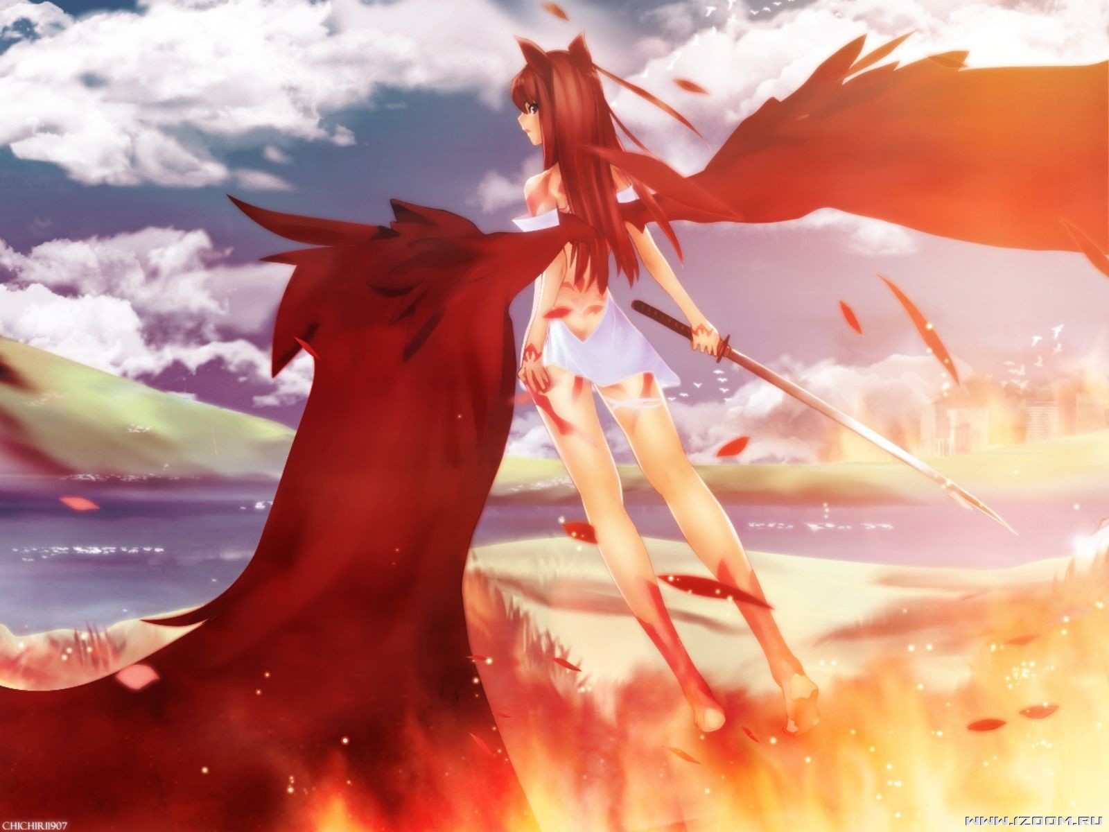 hakua ugetsu, highres, third-party edit, 1girl, animal ears, barefoot, brown hair, cloud, dress, feathers, female focus, fire, grey eyes, long hair, red wings, sky, solo, sword, watermark, weapon, wings