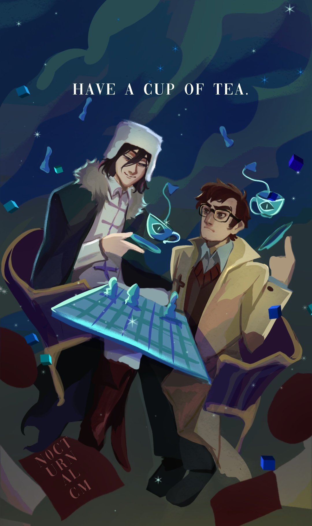 n0cturnalcm, ford pines, bungou stray dogs, gravity falls, character request, commentary, english commentary, highres, 2boys, chair, chessboard, coat, collared shirt, cup, english text, eye print, floating, full body, fur collar, green jacket, hat, holding, holding cup, jacket, multiple boys, night, red vest, shirt, sitting, sky, star (sky), starry sky, teabag, teacup, trait connection, vest, white shirt, yellow coat